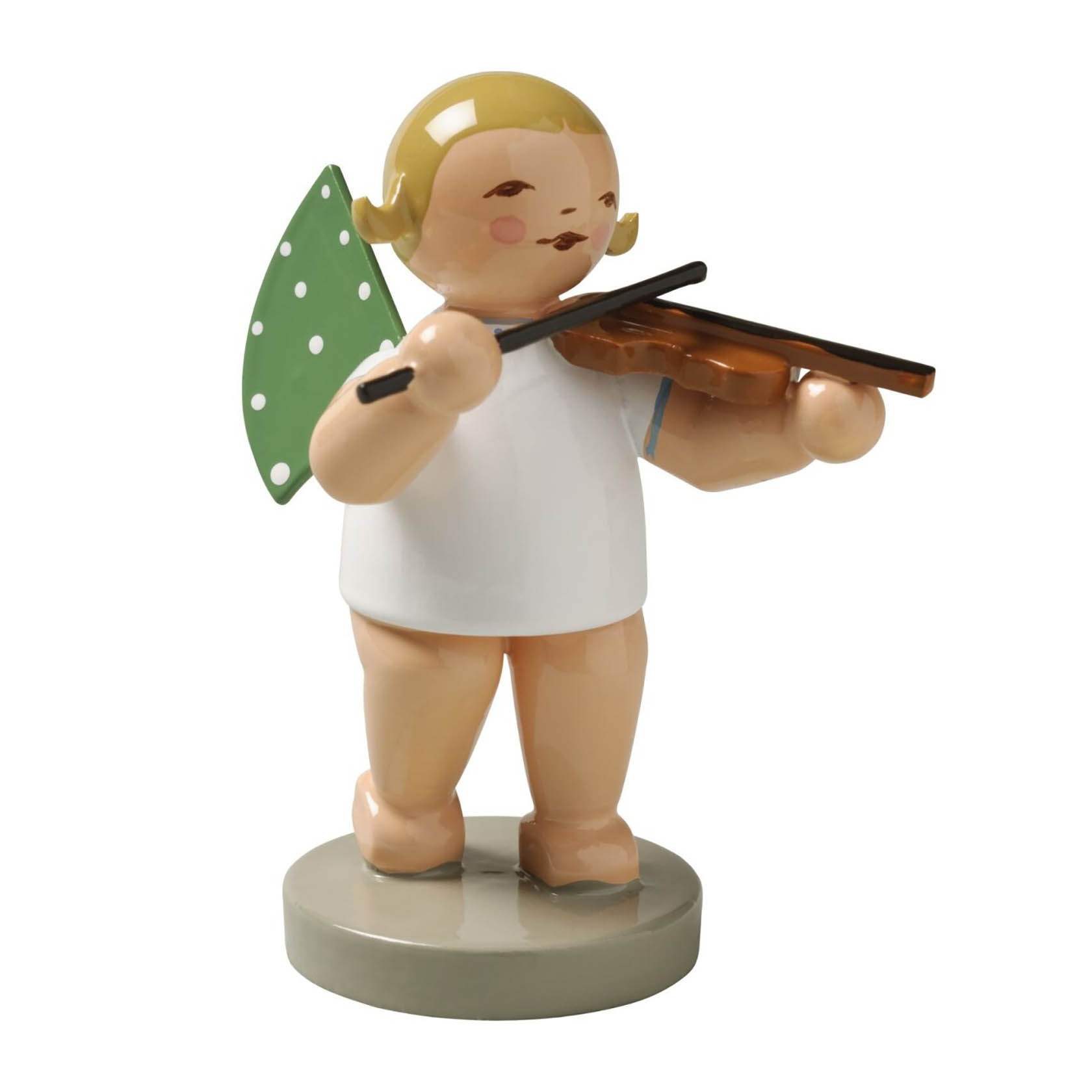 Eine Holzfigur eines Engels mit blondem Haar und grün gewinkelten Flügeln, spielt eine Geige. im Dregeno Online Shop günstig kaufen