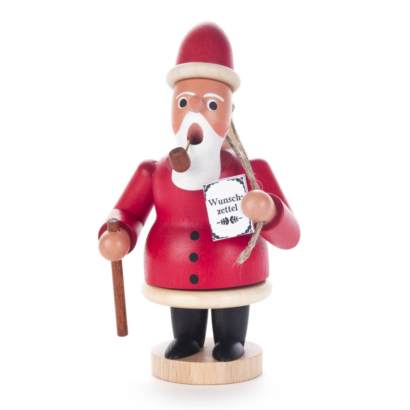 Holzfigur eines Räuchermanns, gestaltet als Weihnachtsmann mit rotem Mantel, Pfeife im Mund, einem Stock in der Hand und einem Wunschzettel. im Dregeno Online Shop günstig kaufen