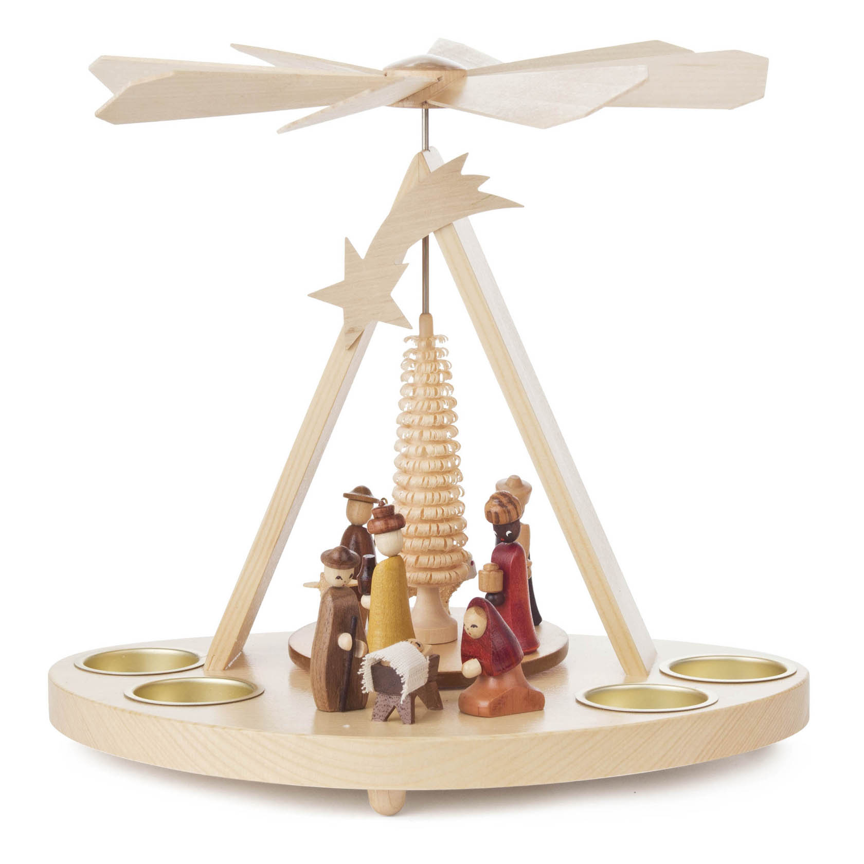 Weihnachtliche Pyramide aus Holz mit Figuren der Christi Geburt. Umlaufend sind Platzhalter für Teelichte und oben ein Propeller. im Dregeno Online Shop günstig kaufen