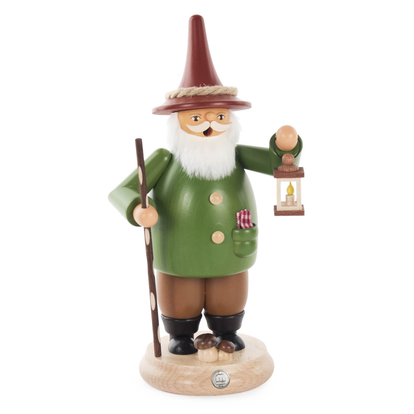 Ein Räuchermann in Form eines Wichtels mit grünem Mantel, rotem Hut, Laterne in der rechten Hand und Wanderstock in der linken Hand. im Dregeno Online Shop günstig kaufen