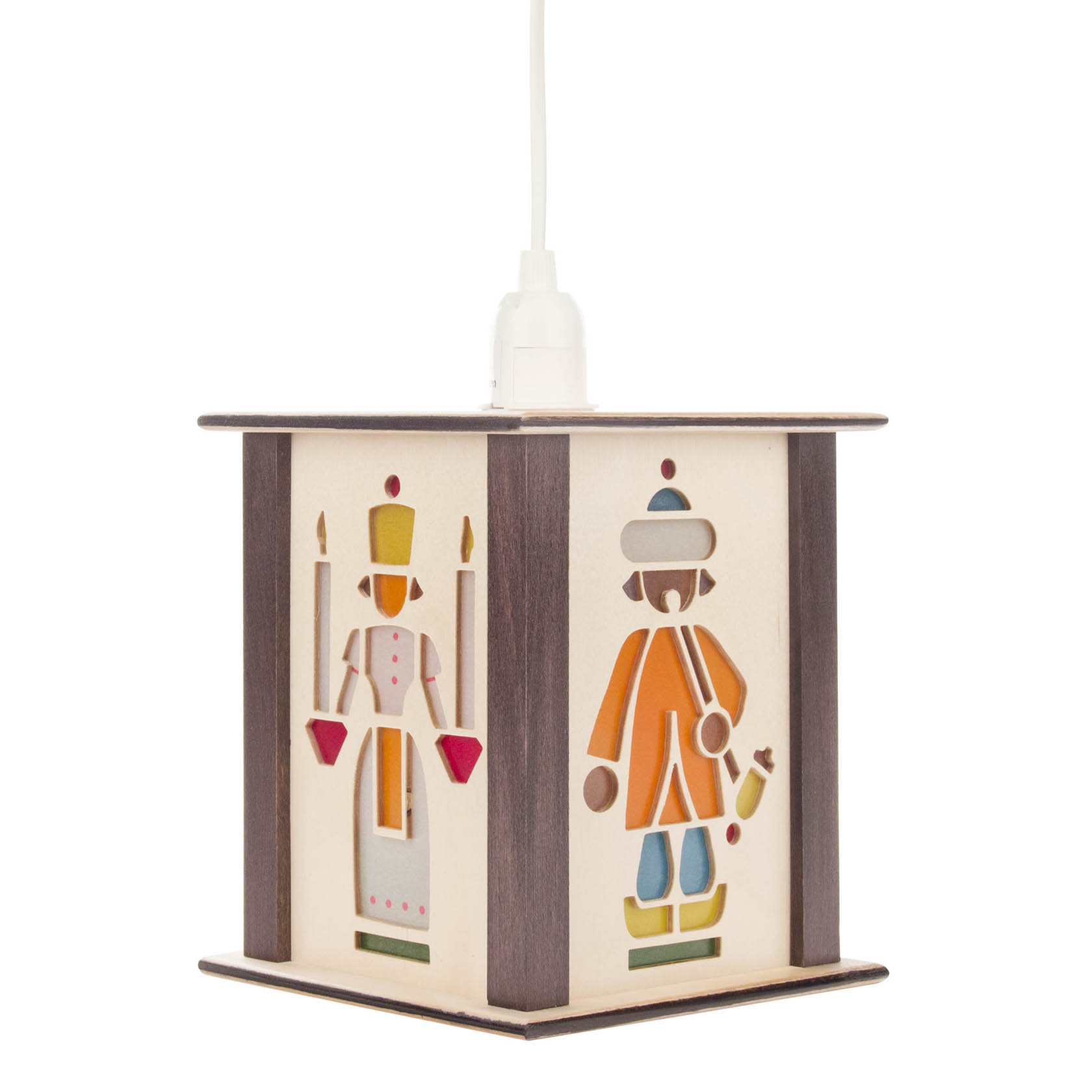 Eine kleine, dekorative Hängelaterne mit ausgeschnittenen Figuren: eine Frau mit Kerzen und ein Reiter in farbigen traditionellen Kostümen. im Dregeno Online Shop günstig kaufen