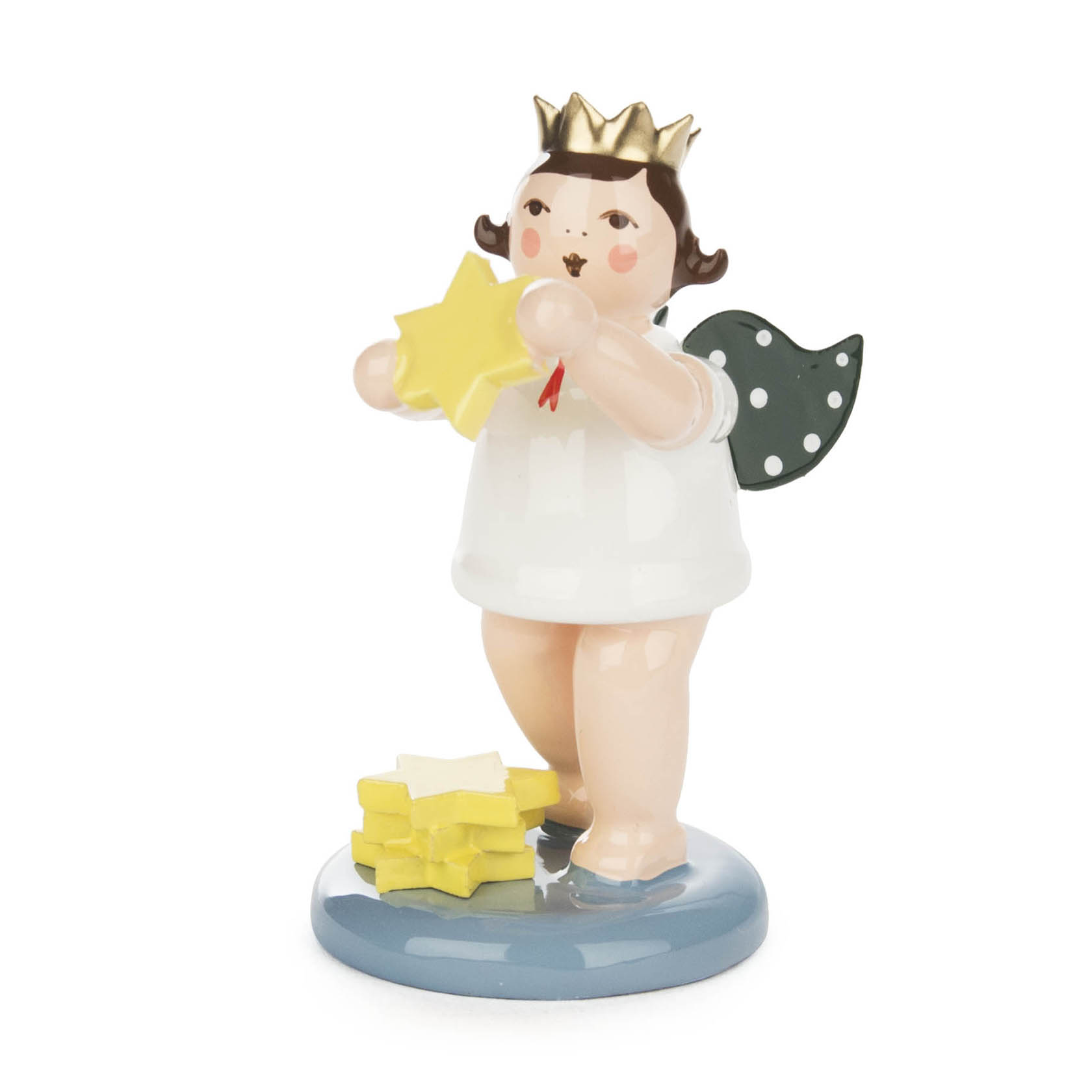 Eine Porzellanfigur eines Engels mit Krone, der einen gelben Stern in den Händen hält. Der Engel hat kurze braune Haare und kleine Flügel. im Dregeno Online Shop günstig kaufen
