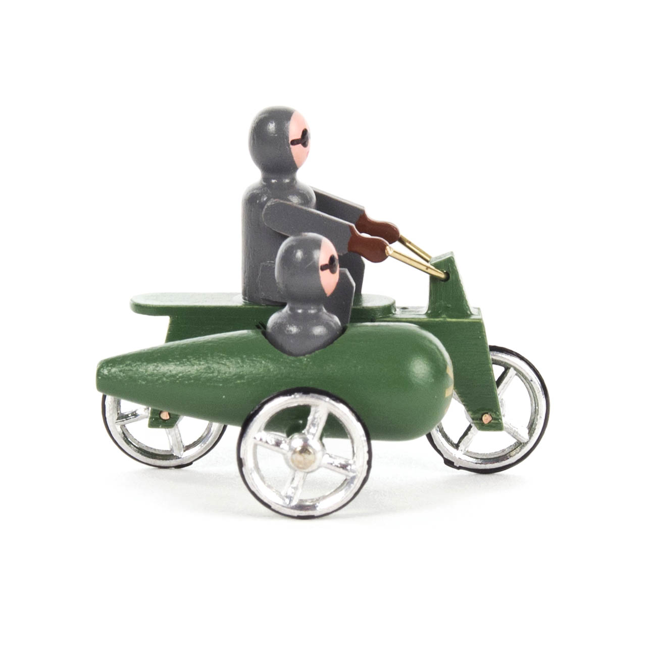 Grünes Miniatur Motorrad mit Seitenwagen und zwei stilisierten Fahrern in grauer Kleidung, die auf silbernen Rädern stehen.