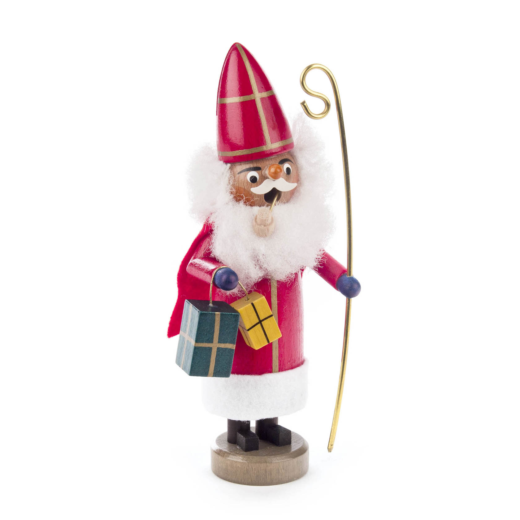 Ein Mini-Räuchermann in Form von St. Nikolaus mit rotem Mantel und Mütze. Er hat einen weißen Bart, hält einen goldenen Stab und ein Geschenk.