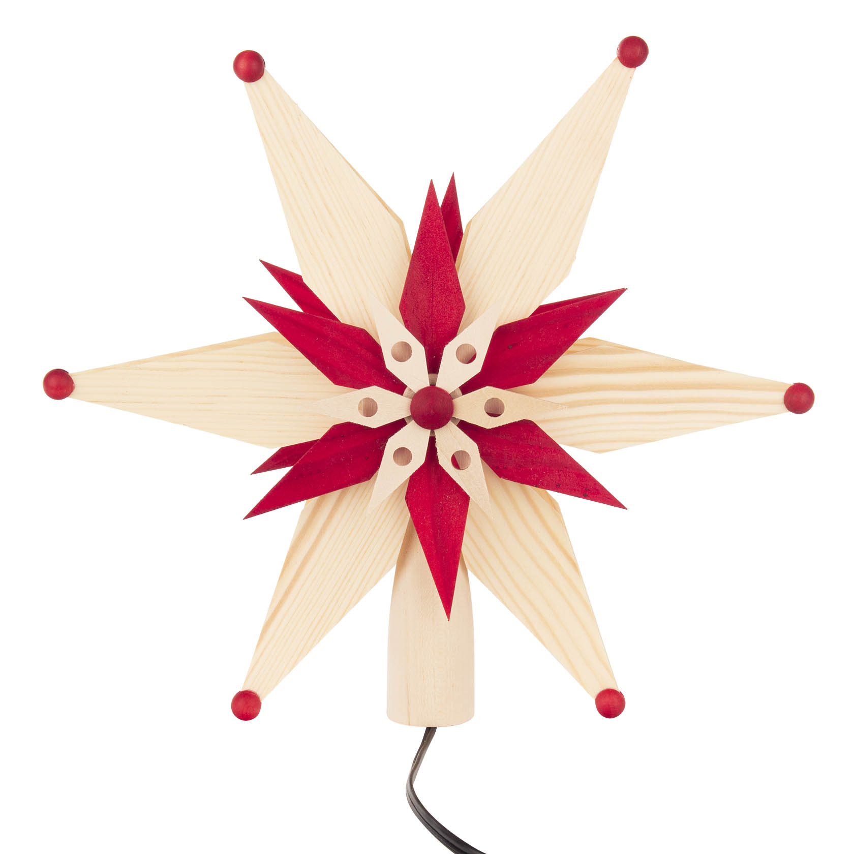 Christbaumspitze in Form eines Spansterns, rot und naturfarben, mit integrierter elektrischer Beleuchtung. im Dregeno Online Shop günstig kaufen