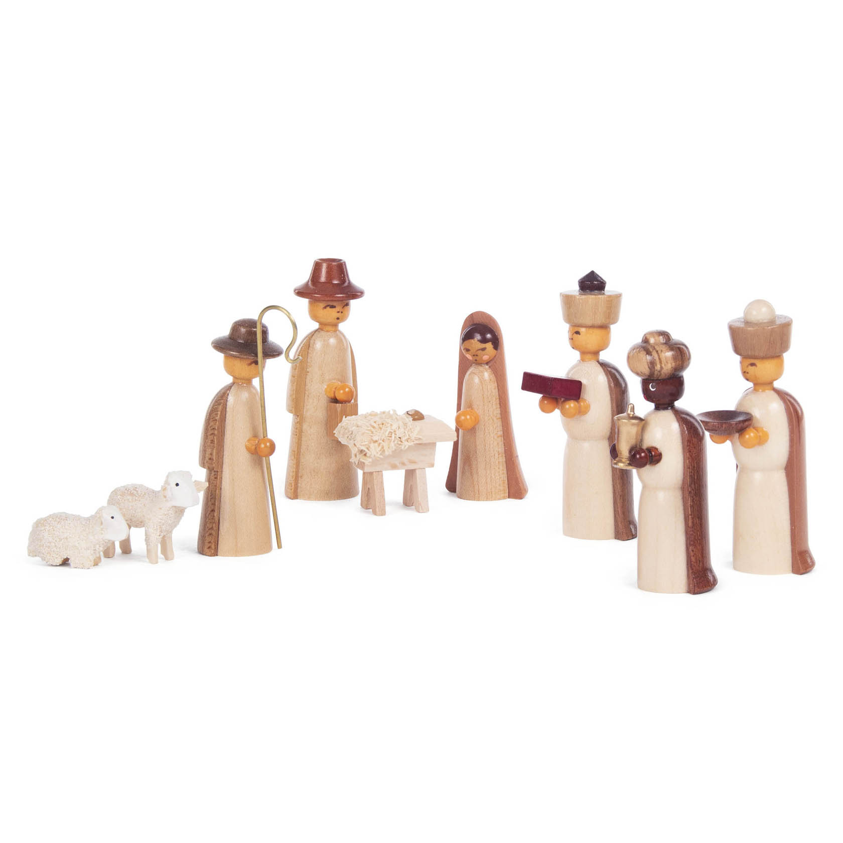 Eine Holzkrippe mit neun Figuren, darunter Maria, Josef, das Jesuskind in der Krippe, zwei Schafe und die drei Weisen aus dem Morgenland. im Dregeno Online Shop günstig kaufen