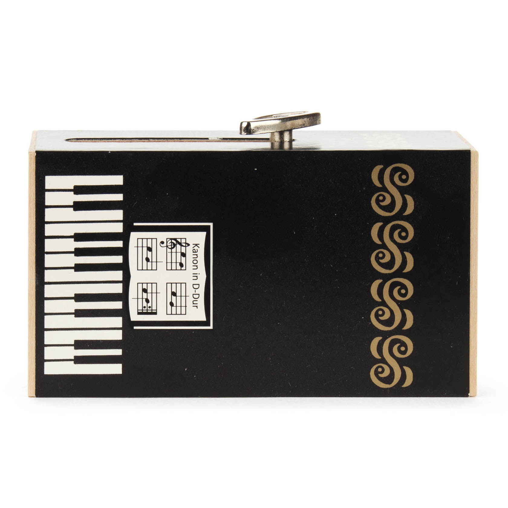 A black piano-themed sliding music box with a small metal handle on top, featuring piano keys design and musical score labeled 'Canon in D-Dur'.