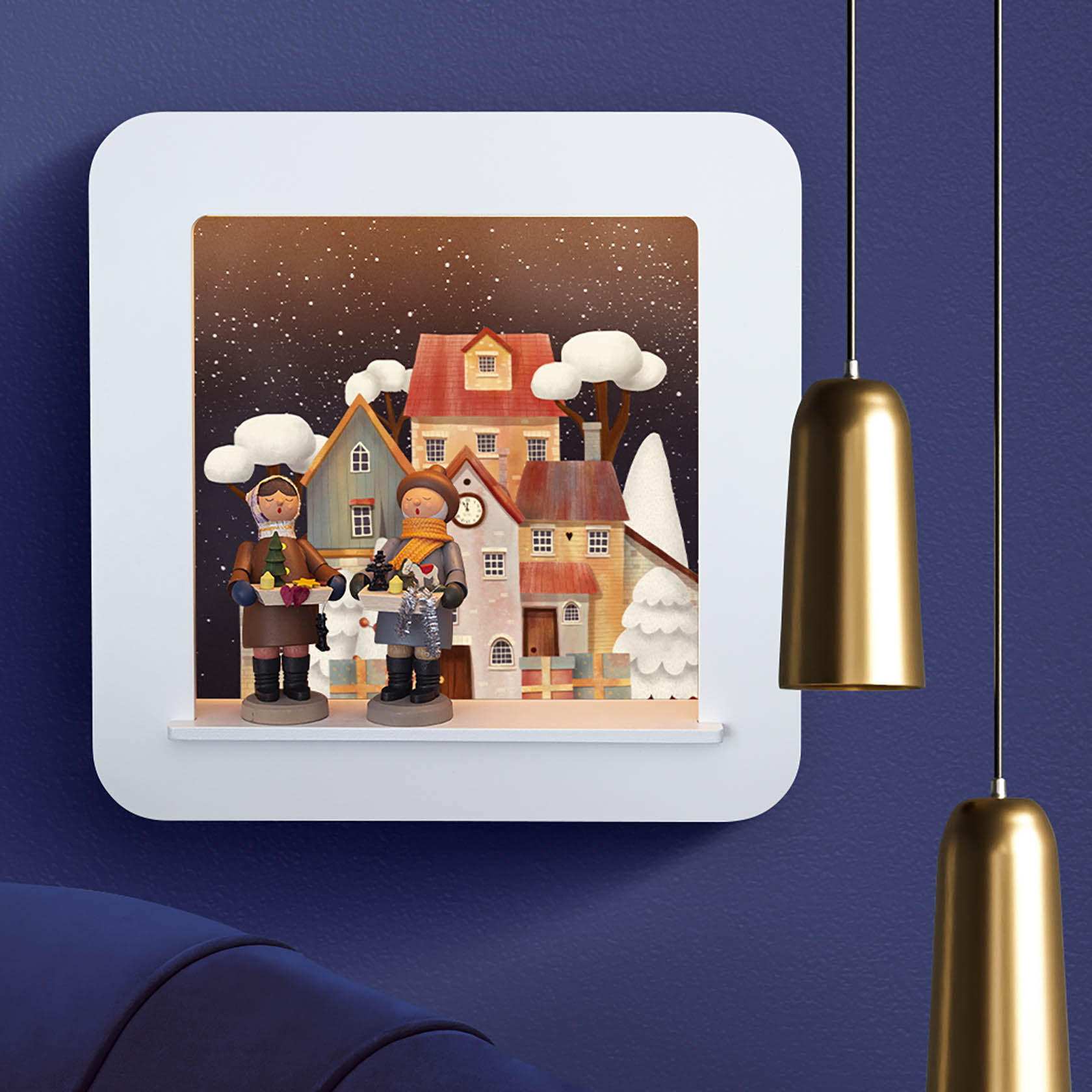 Ein beleuchteter Objektrahmen zeigt zwei Striezelkinder vor einem winterlichen Hintergrund mit Häusern und Schneemann, umgeben von Kunstschnee. im Dregeno Online Shop günstig kaufen