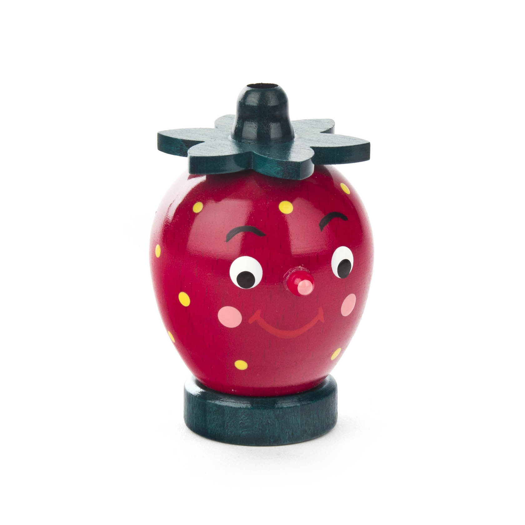 Kleine rote Räucherfigur in Form einer Erdbeere mit freundlichem Gesicht und gelben Punkten. im Dregeno Online Shop günstig kaufen
