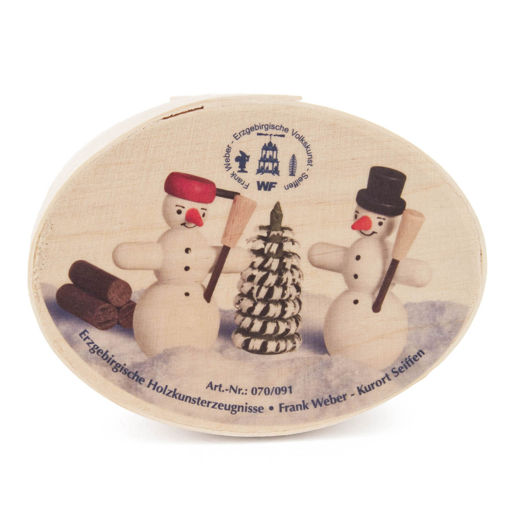 Ovale Spandose mit zwei Schneemännern, einem kleinen Baum und einem Holzstoß auf dem Deckel.