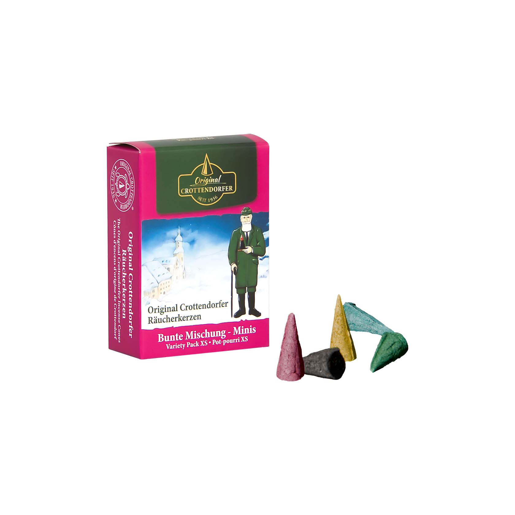 Eine Packung mit Crottendorfer Mini-Räucherkerzen in bunter Mischung, zeigt verschiedene farbige Räucherkerzen sowie deren Verpackung. im Dregeno Online Shop günstig kaufen