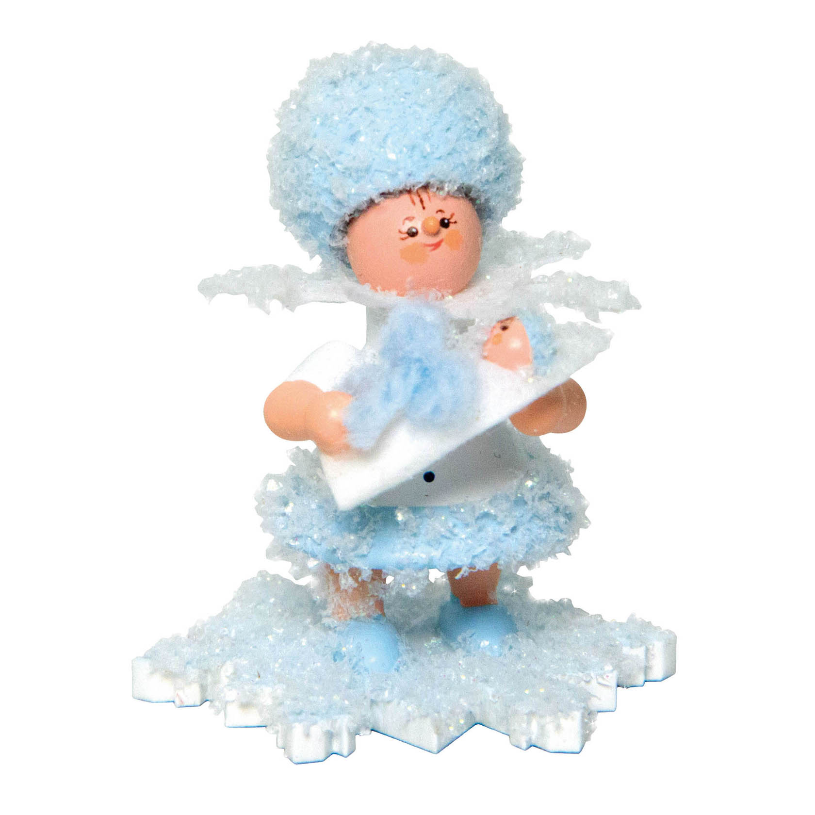 Figur eines lächelnden Mädchens in blauem Schneeflöckchen-Kostüm, das ein Baby-Jungen in einer weißen Decke hält. im Dregeno Online Shop günstig kaufen