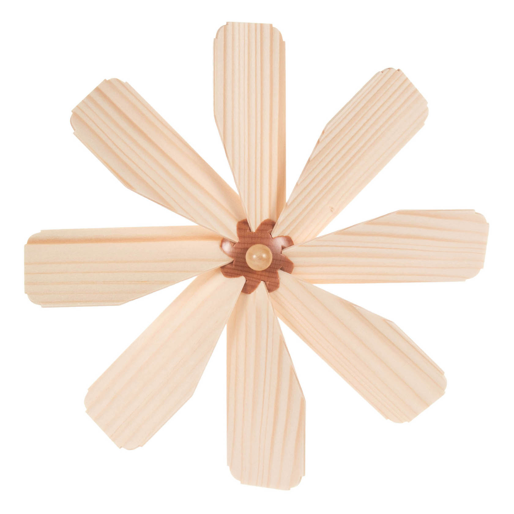 Holzflugelrad mit sieben gleichmäßig verteilten Blättern, jedes Blatt besitzt eine natürliche Holzmaserung. im Dregeno Online Shop günstig kaufen