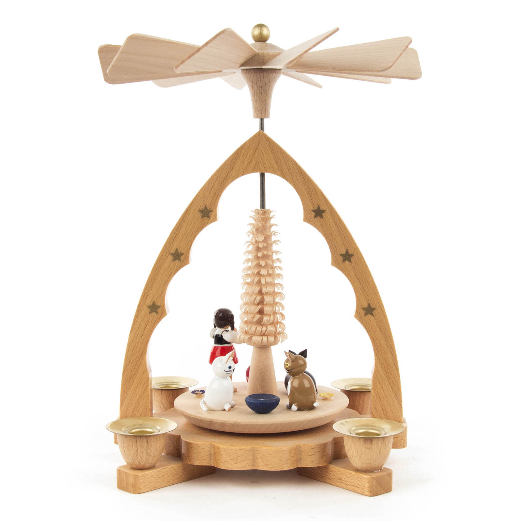 Holzpyramide mit Kerzenhalter, Figuren von drei Katzen und einer Frau, oben ein Holzrotor. Kerzenhalter für Kerzen mit 10mm Durchmesser.