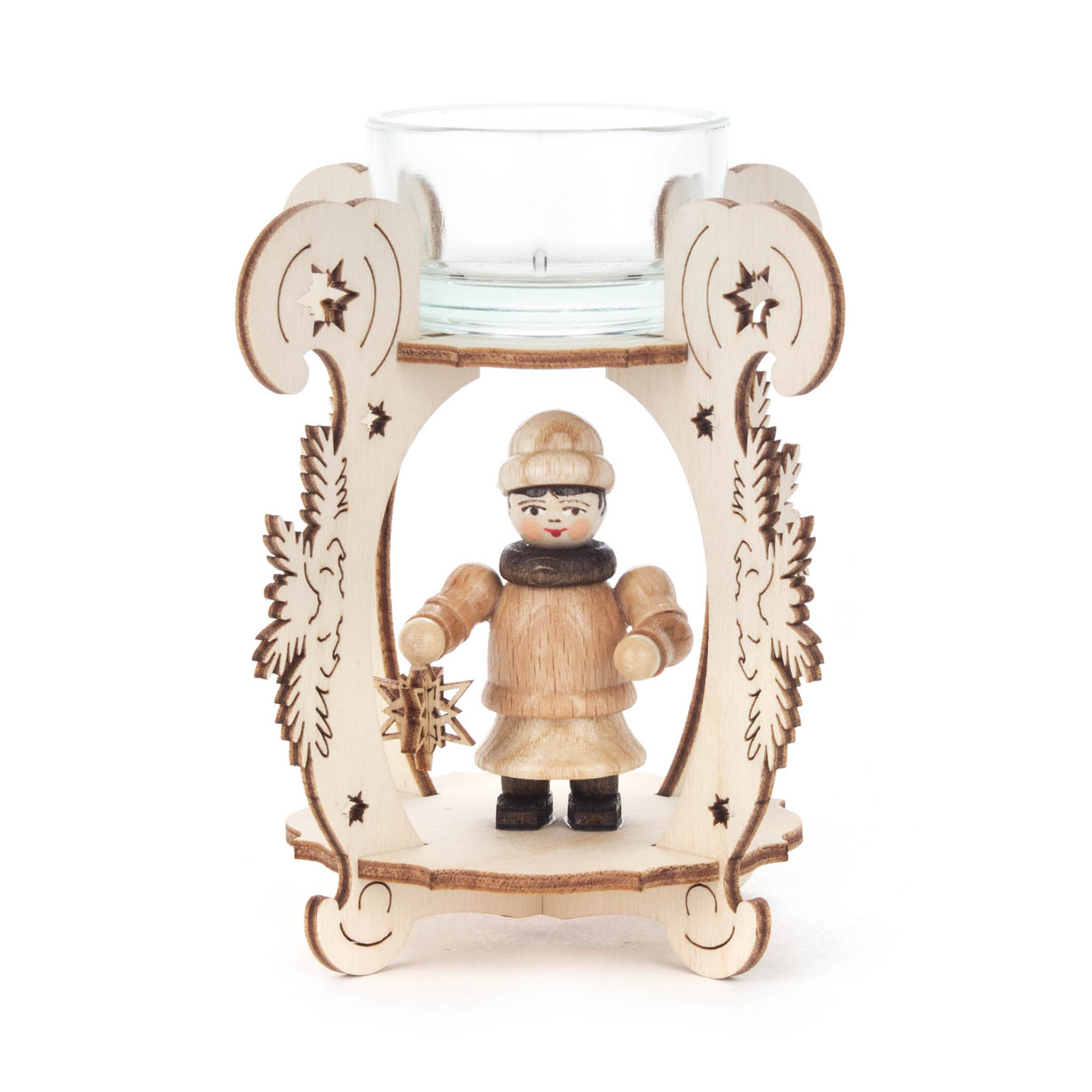 Holz-Teelichthalter mit geschnitztem Sternenmädchen, das eine Laterne hält. Die Struktur ist mit Sternmotiven verziert. im Dregeno Online Shop günstig kaufen