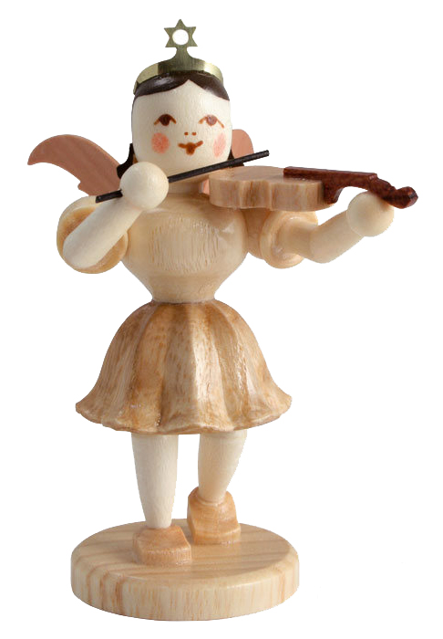 Hölzerner Engel in Naturfarbe mit Violine, stehend auf einer runden Basis. Der Engel trägt ein Kleid und eine Krone, mit Flügeln auf dem Rücken. im Dregeno Online Shop günstig kaufen