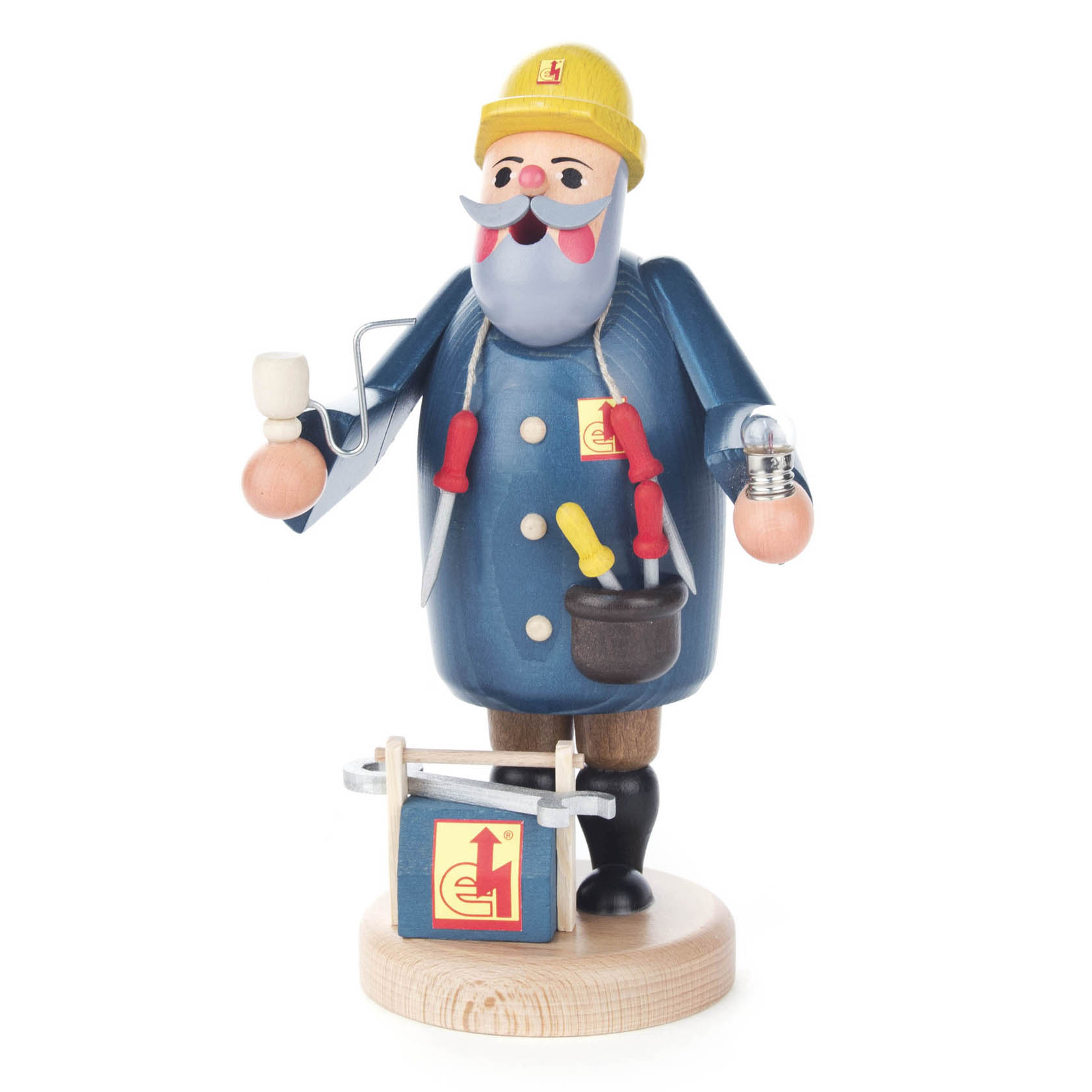 Ein handgefertigter Räuchermann in Form eines Elektrikers mit blauem Mantel, gelbem Helm und Schnurrbart, hält eine Glühbirne und eine Kabeltrommel. im Dregeno Online Shop günstig kaufen
