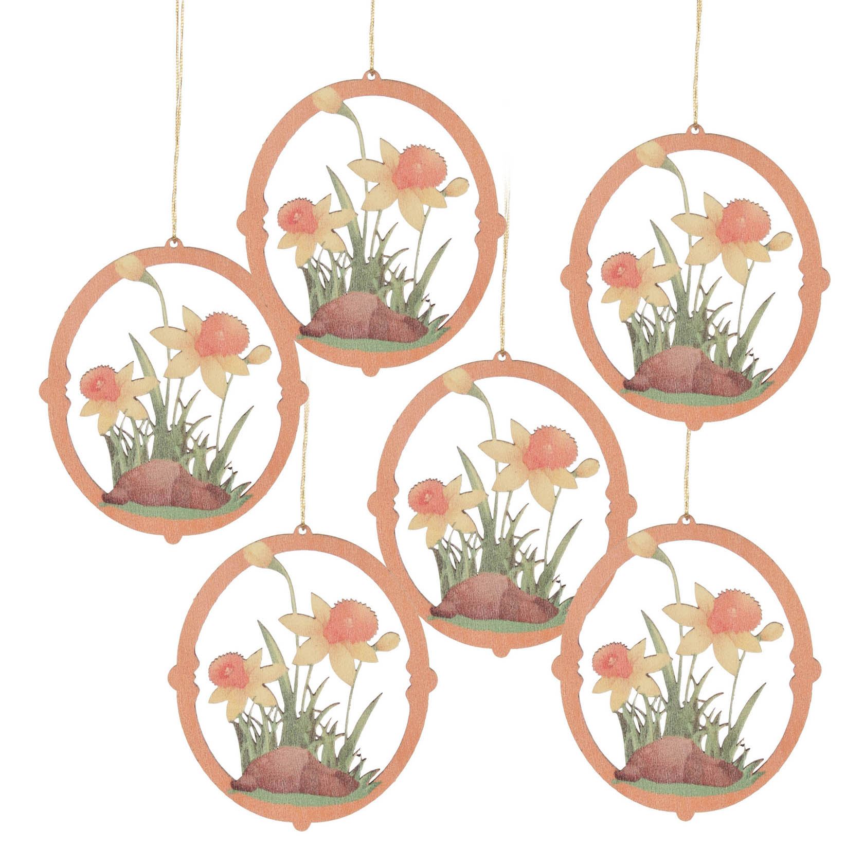 Six identical oval hanging decorations featuring illustrations of daffodils with green grass inside a reddish-orange frame.