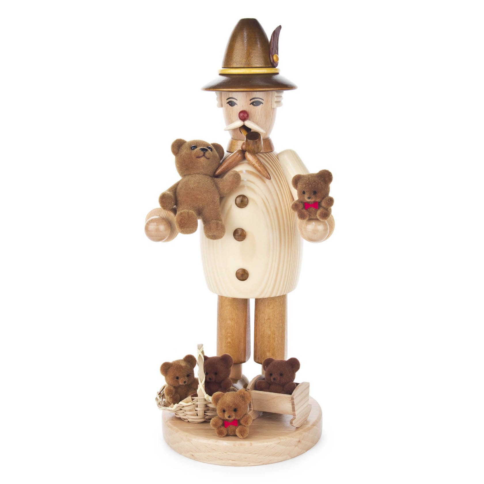 Ein traditioneller deutscher Räuchermann in Form eines Teddyhändlers, der mehrere Plüschteddys verschiedener Größen schenkt. im Dregeno Online Shop günstig kaufen
