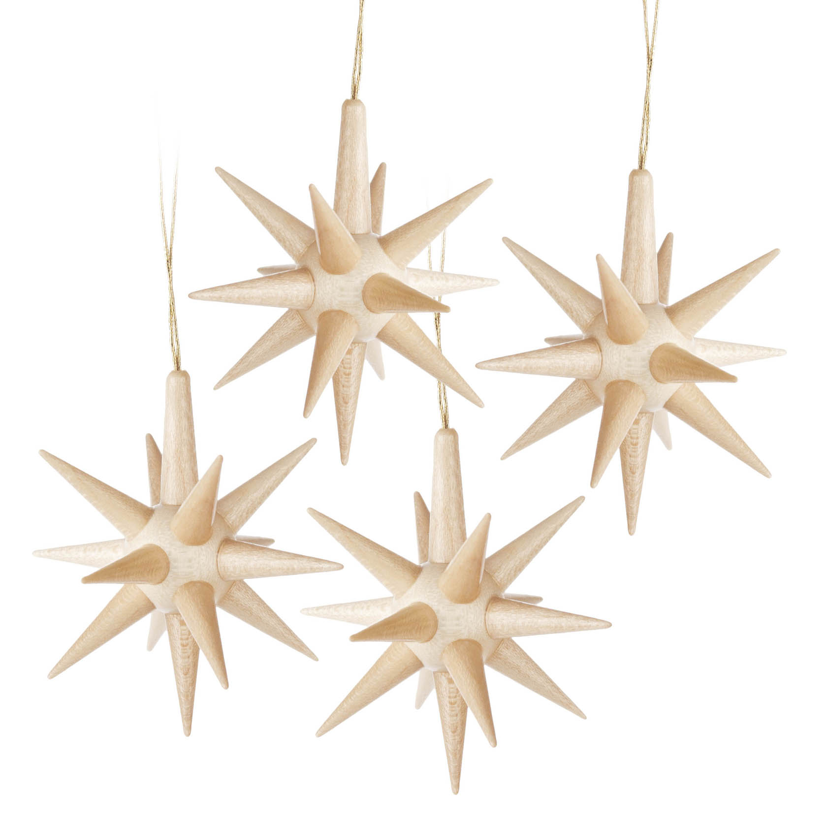 Vier natürliche Holzsterne mit 18 Spitzen, an goldenen Fäden hängend. Perfekte geometrische Form und glatte Oberfläche. im Dregeno Online Shop günstig kaufen