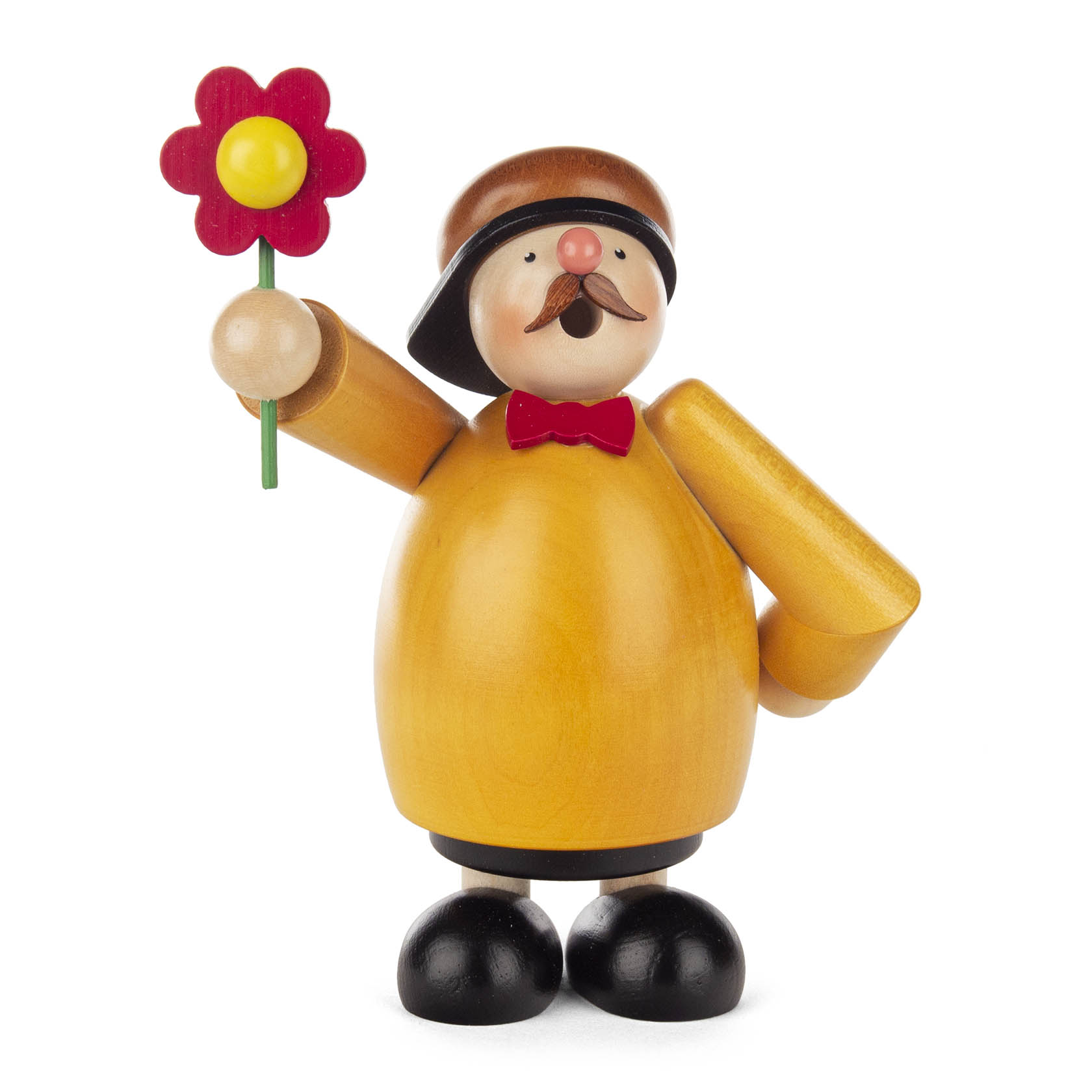 Wooden incense smoker figure, a congratulant, holding a red flower, wearing a brown beret, red bow tie, and yellow shirt. im Dregeno Online Shop günstig kaufen