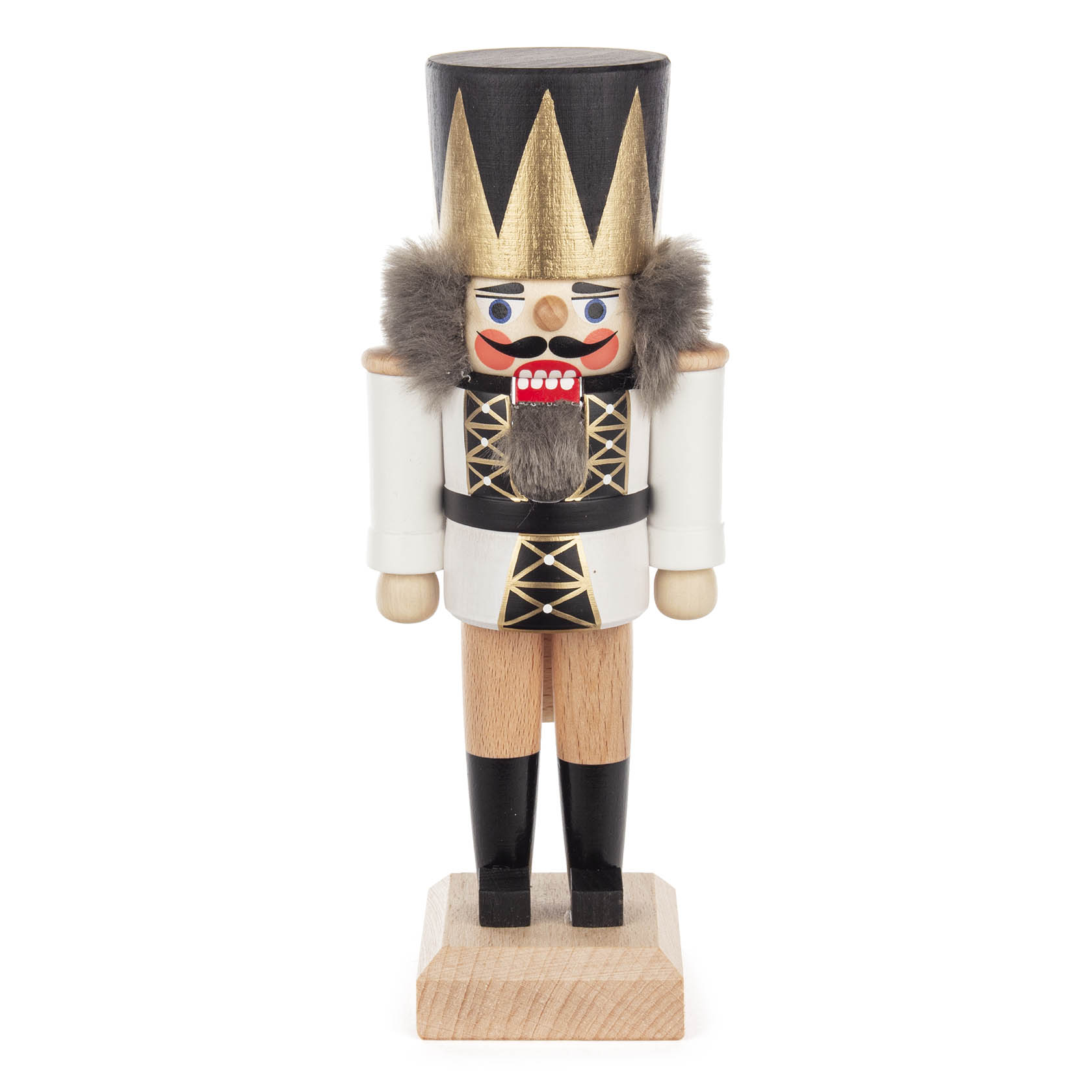 Nussknacker im Königskostüm, weiß lasiert, 19 cm groß, mit schwarzem Hut, goldenem Kronenmuster und buschigem Bart. im Dregeno Online Shop günstig kaufen