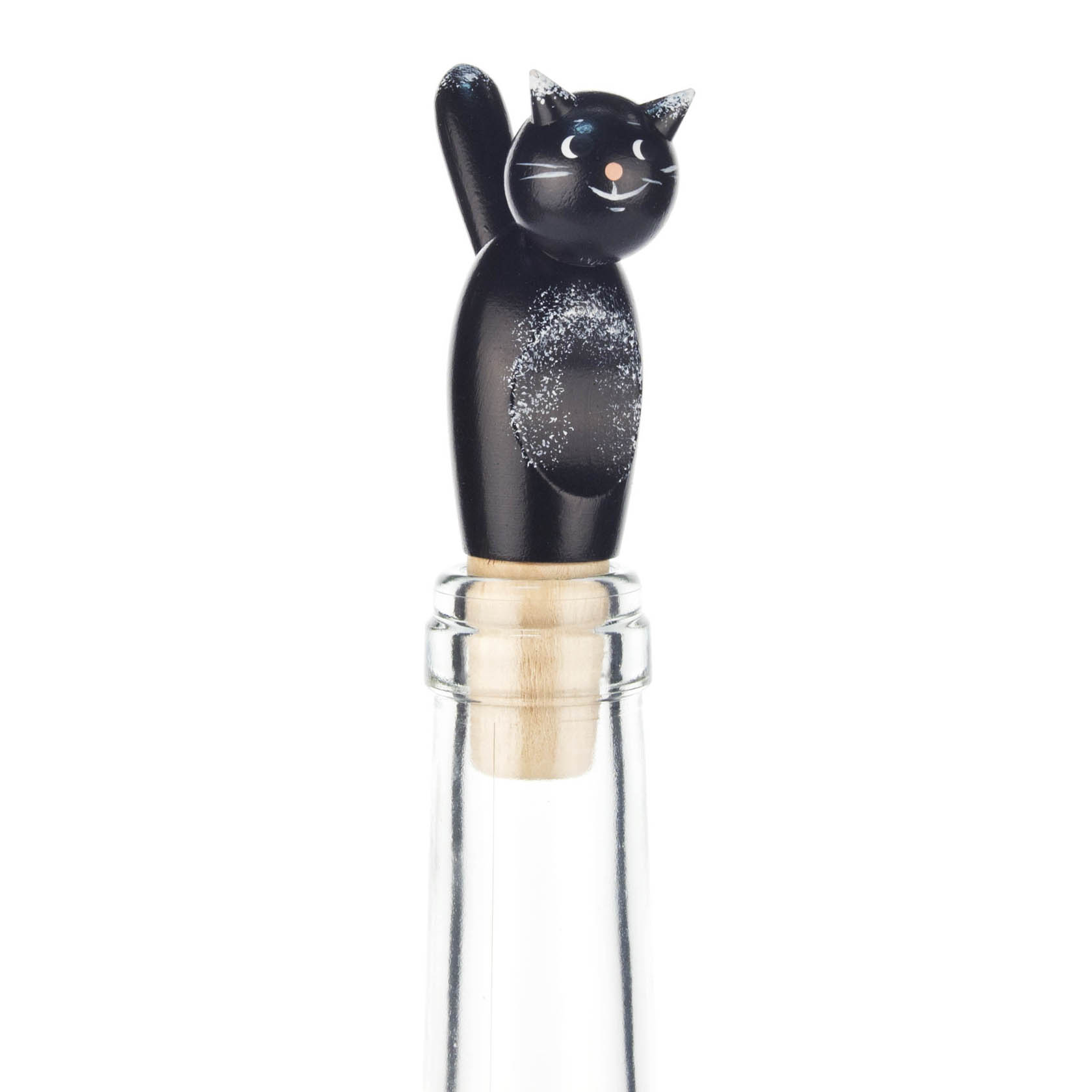 Schwarzer Flaschenverschluss in Form einer Katze, die auf einem Glasflaschenhals sitzt. Die Katze hat ein freundliches Gesicht und silberne Glitzerdetails. im Dregeno Online Shop günstig kaufen