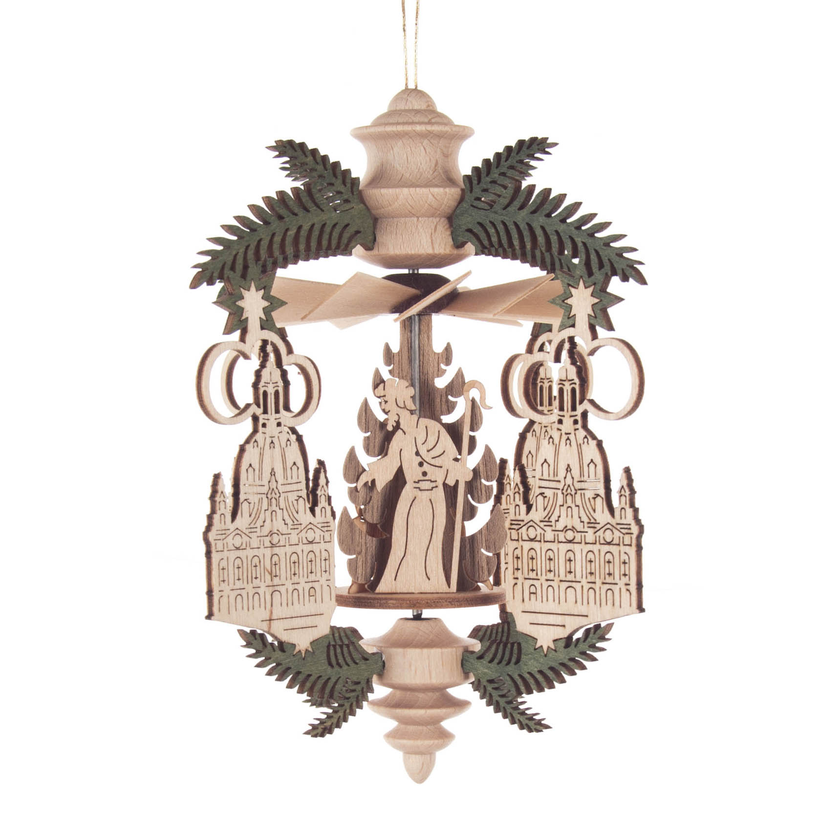 Holzwärmespiel zum Hängen mit der Darstellung der Dresdner Frauenkirche und einem Engel zwischen Tannenbaumzweigen. im Dregeno Online Shop günstig kaufen