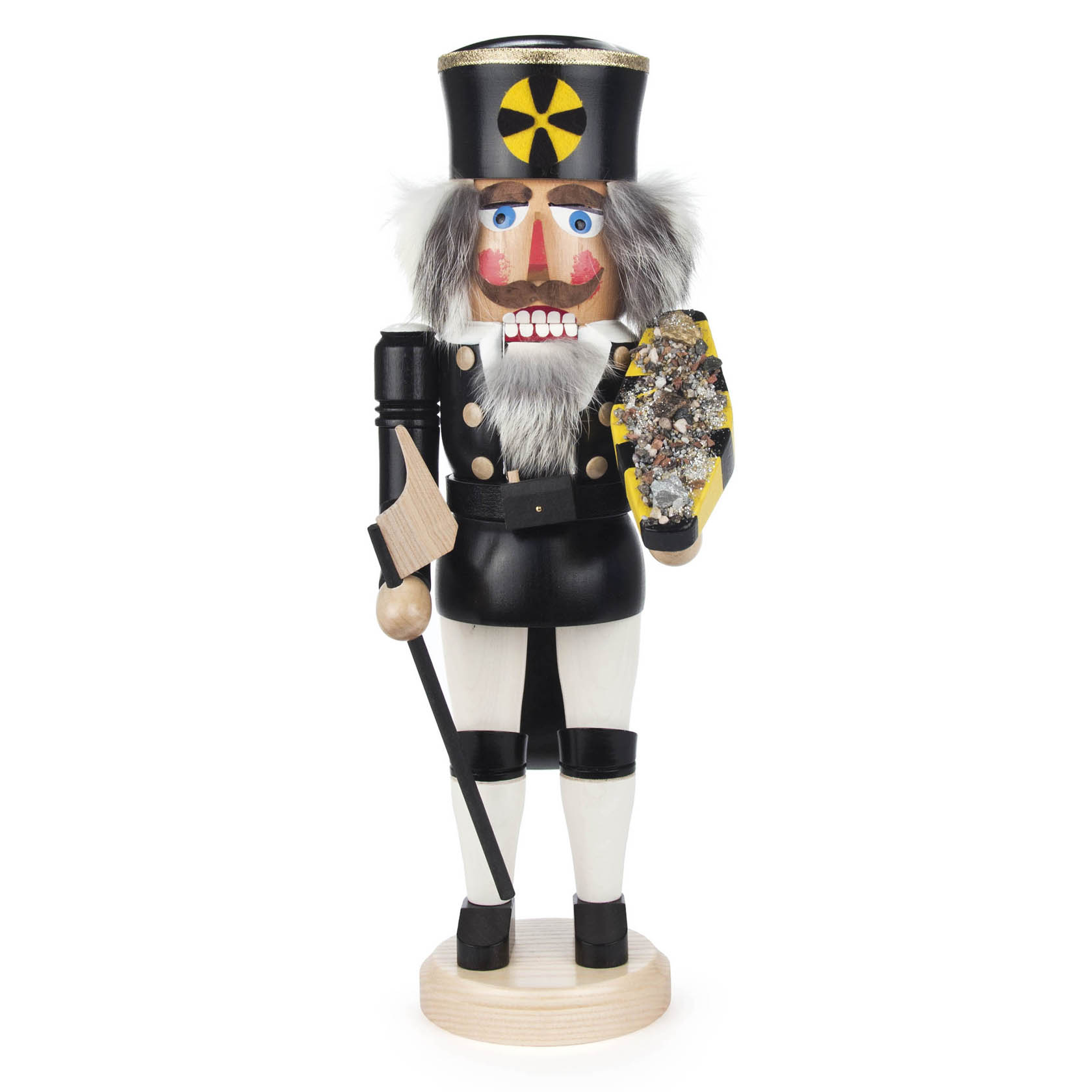 A black and white traditional nutcracker in the shape of a miner, holding an axe and a piece of ore, standing 38cm tall. im Dregeno Online Shop günstig kaufen