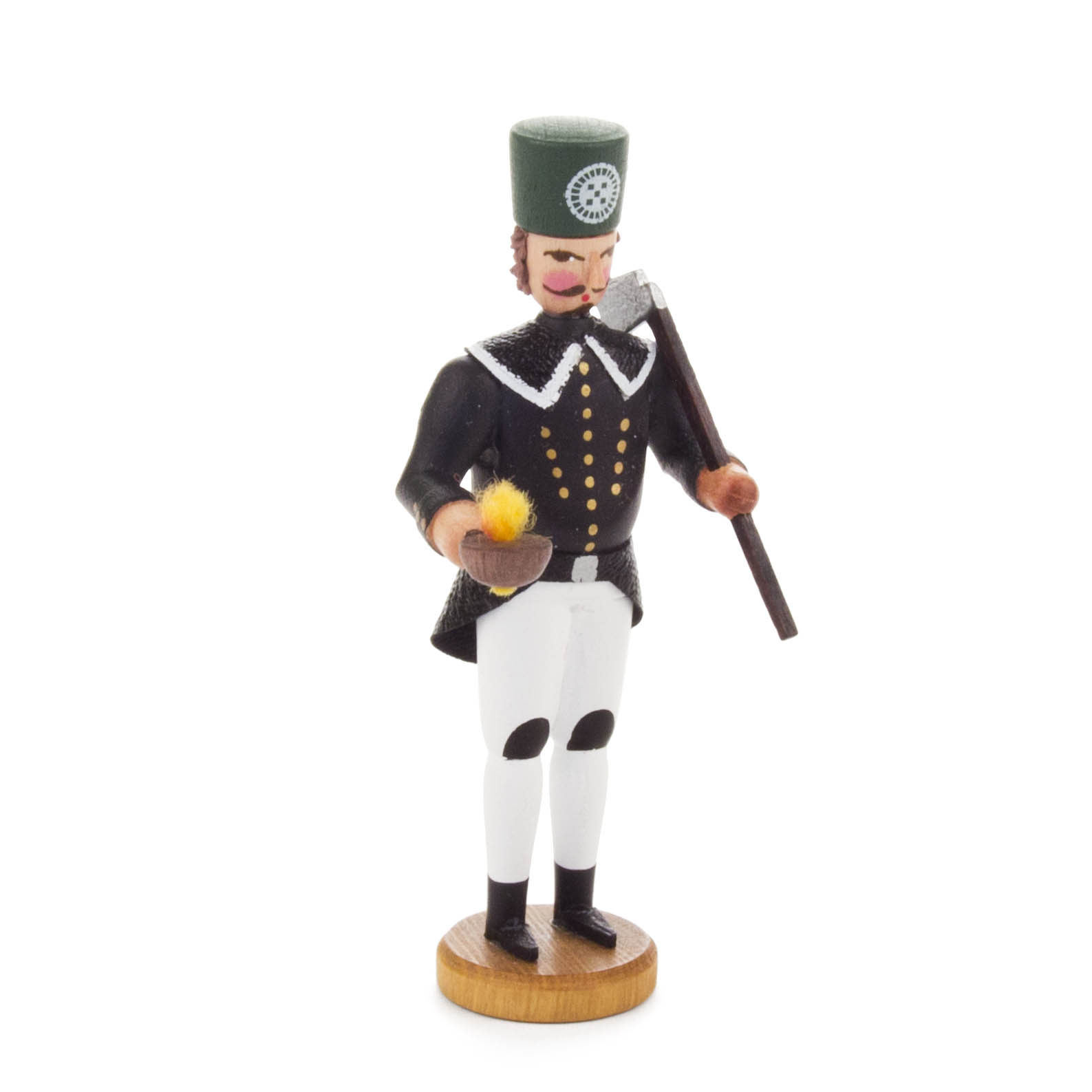 Holzfigur eines Bergmanns, der eine traditionelle Bergmannsuniform trägt: schwarzer Mantel, weiße Hose, grüner Hut. Er hält eine Grubenlampe und eine Spitzhacke. im Dregeno Online Shop günstig kaufen