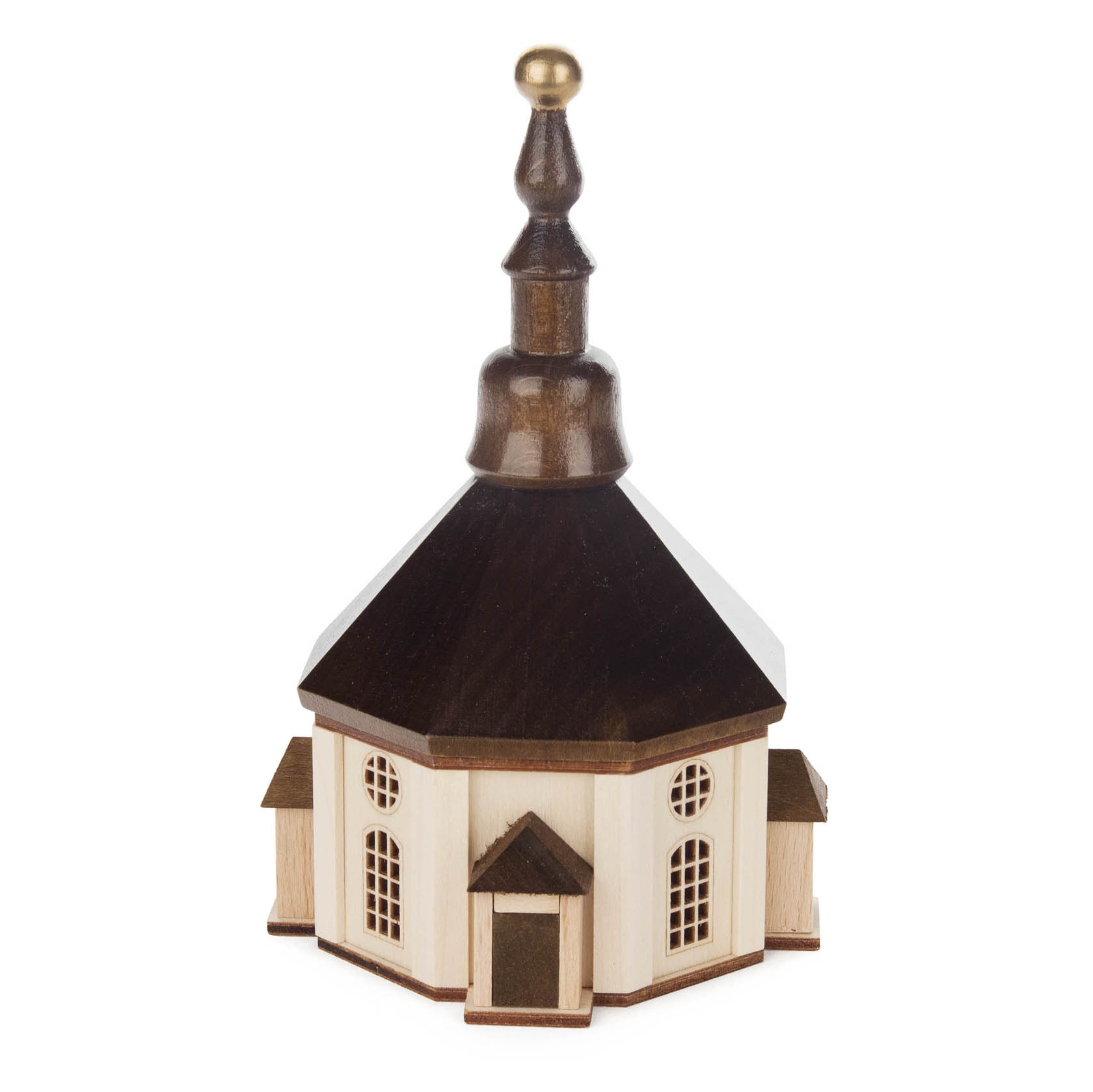 Modell der Seiffener Kirche aus Holz im Miniaturformat mit rundem Dach und kleinem Kirchturm. im Dregeno Online Shop günstig kaufen
