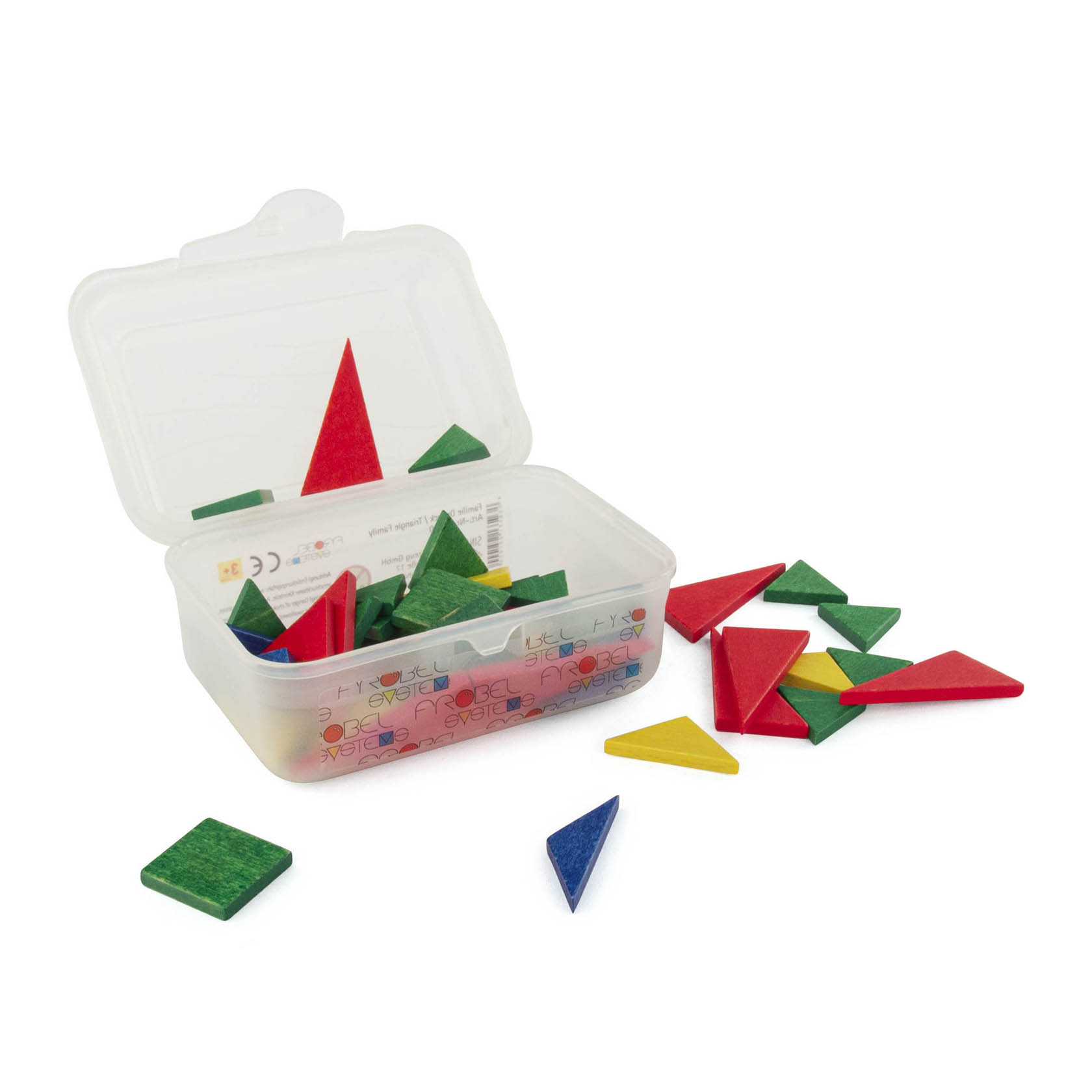 Geöffnete Plastikbox mit bunten Holzdreiecken in Rot, Grün, Blau und Gelb auf einem weißen Hintergrund. im Dregeno Online Shop günstig kaufen