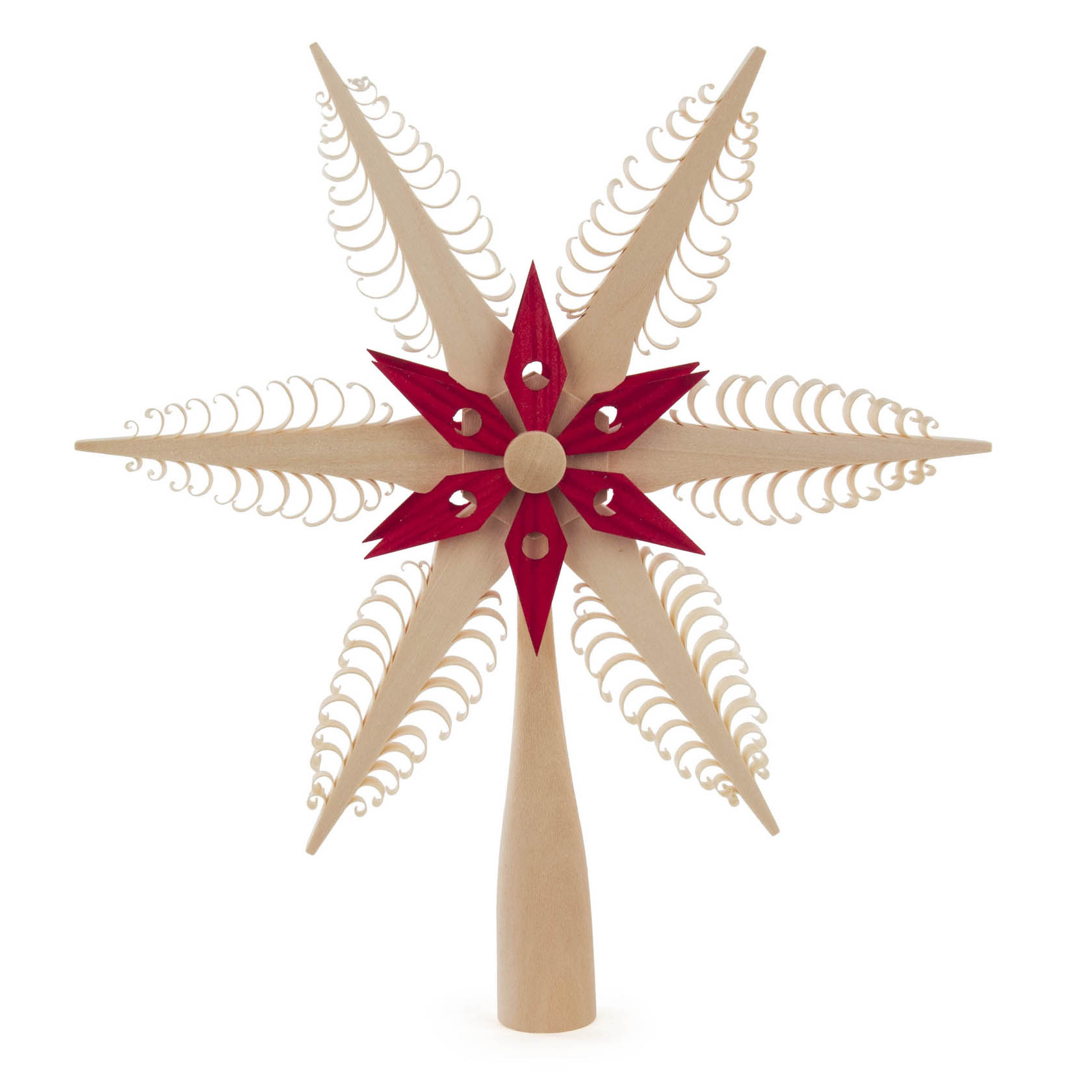 Rote und naturfarbene Christbaumspitze in Form eines Spansterns, Durchmesser 20 cm, mit filigranen Holzverzierungen und sternförmigen Ornamenten. im Dregeno Online Shop günstig kaufen