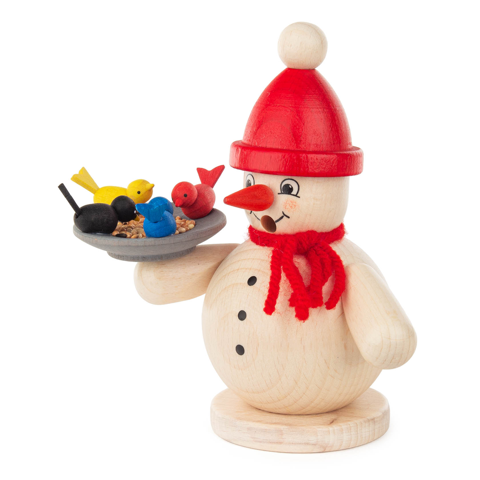 Räuchermann Schneemann mit Vögeln rote Pudelmütze