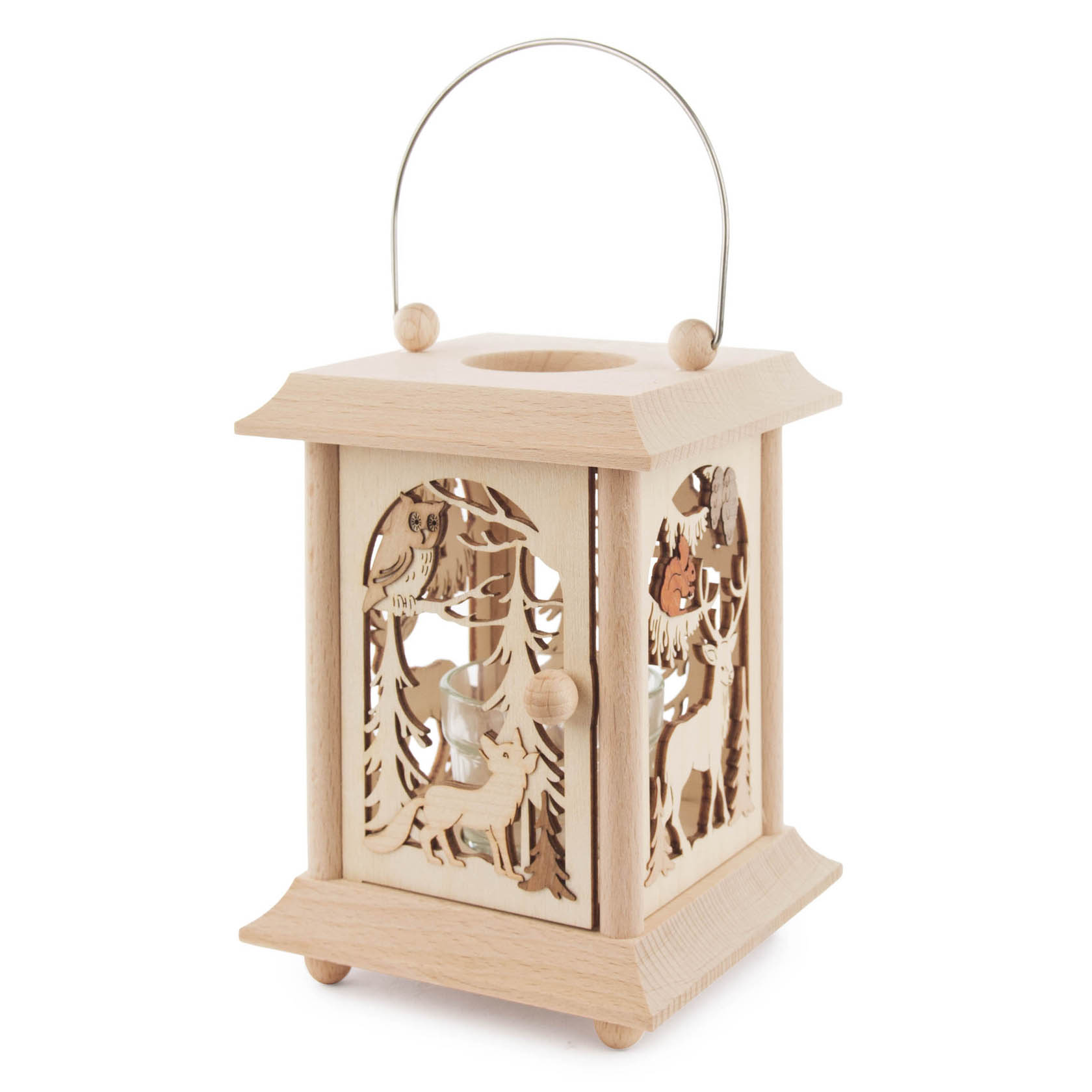 Holzlaterne mit geschnitzten Waldtieren und Bäumen; Glas-Einsatz für Teelicht, Henkel zum Tragen. im Dregeno Online Shop günstig kaufen