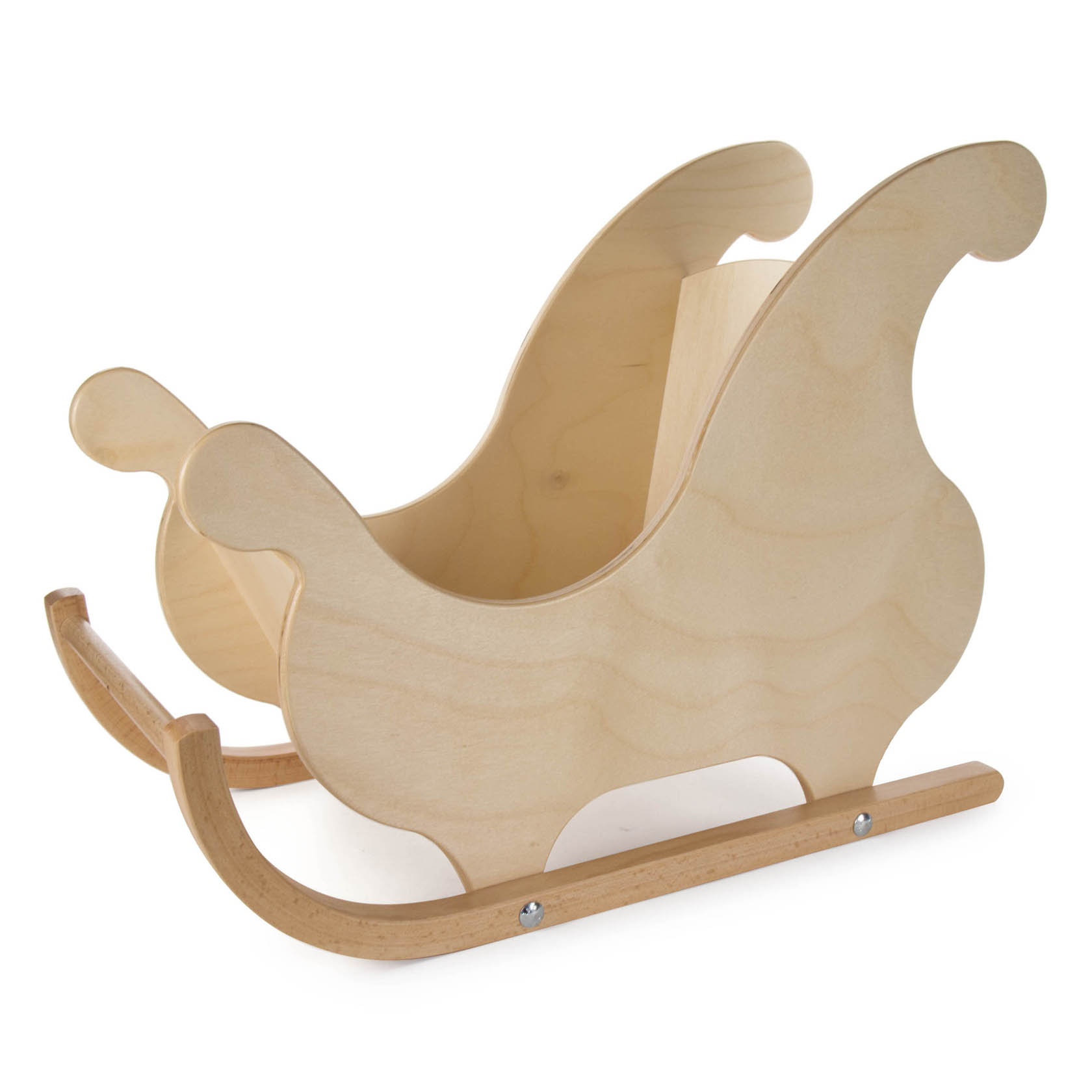 Ein naturfarbener Puppenschlitten aus Holz mit zwei geschwungenen Kufen und hohen Seiten. im Dregeno Online Shop günstig kaufen
