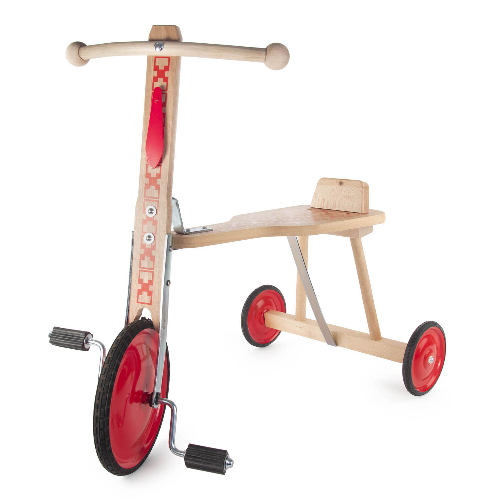 Holz-Dreirad mit zwei roten Hinterrädern und einem roten Vorderrad. Der Sitz und der Lenker sind aus Holz gefertigt. im Dregeno Online Shop günstig kaufen