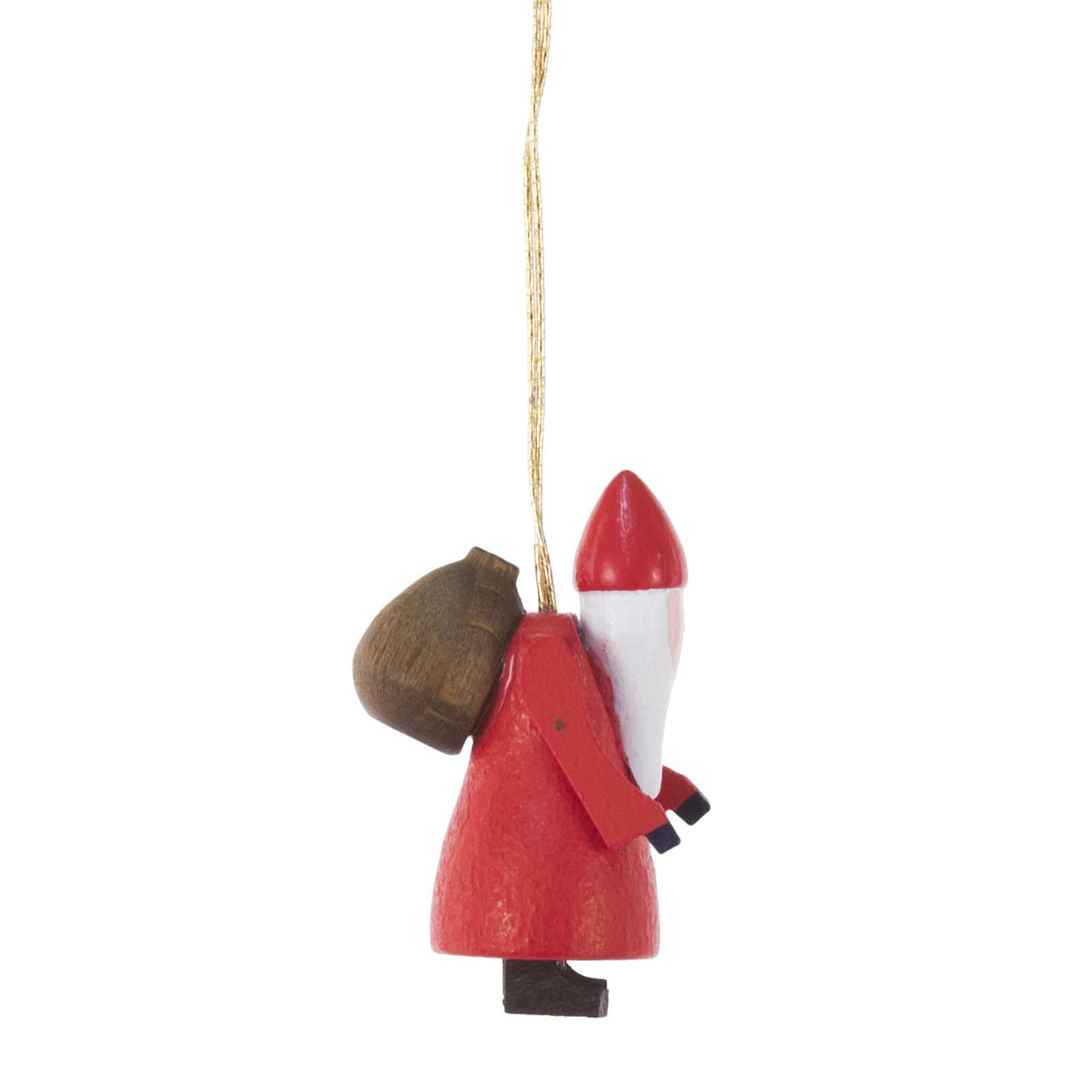 Eine hölzerne Weihnachtsfigur, die Knecht Ruprecht darstellt mit rotem Mantel, weißem Bart und braunem Sack, hängt an einer Schnur.