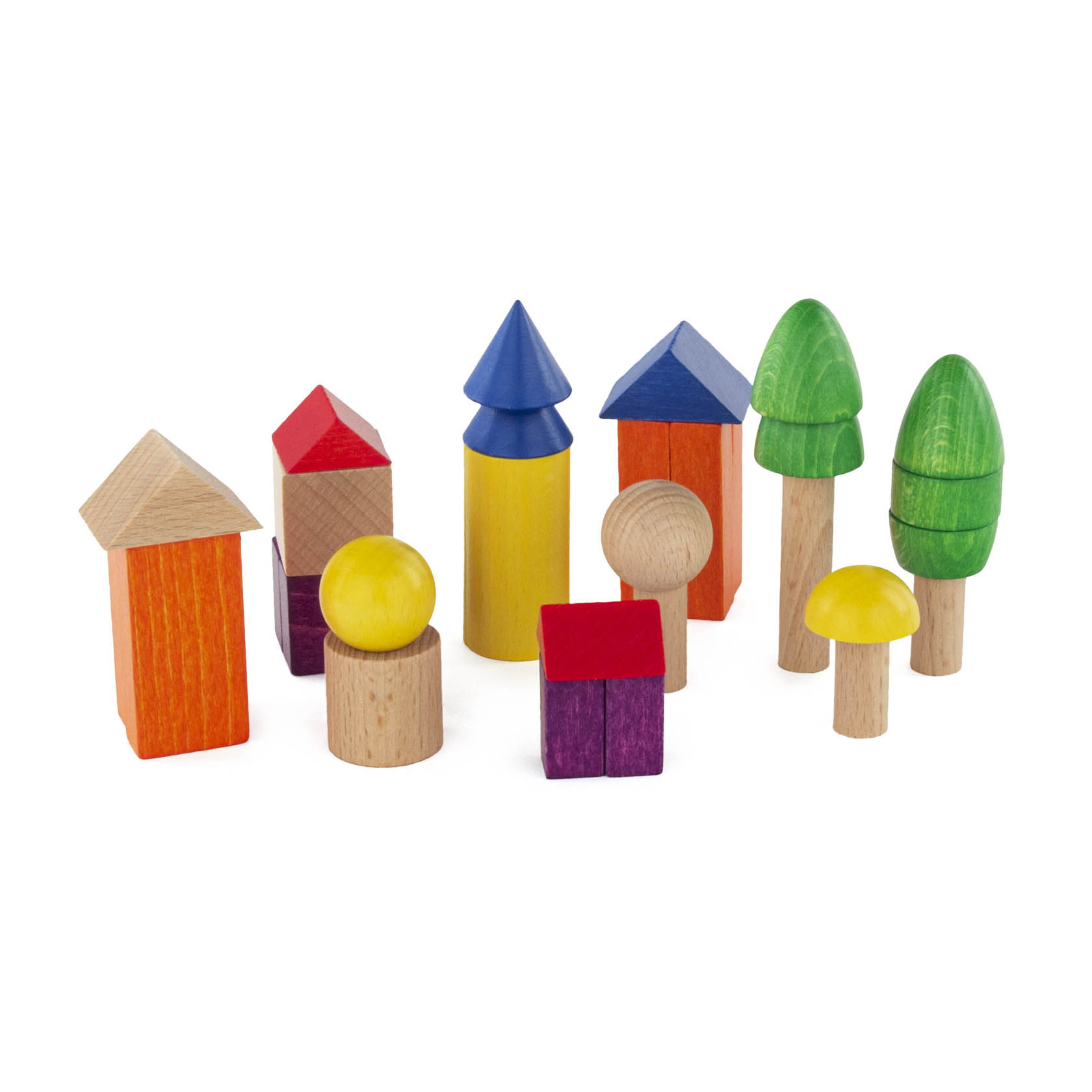 Verschiedene bunte Holzbausteine in Formen wie Häuser, Zylinder, Kegel und Bäume, teils mit aufgesetzten Kugeln.