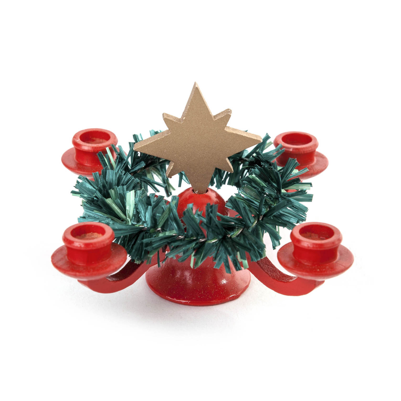 Ein roter Mini-Leuchter mit vier Kerzenhaltern und einem grünen Kranz, darauf ein goldener Stern in der Mitte. im Dregeno Online Shop günstig kaufen