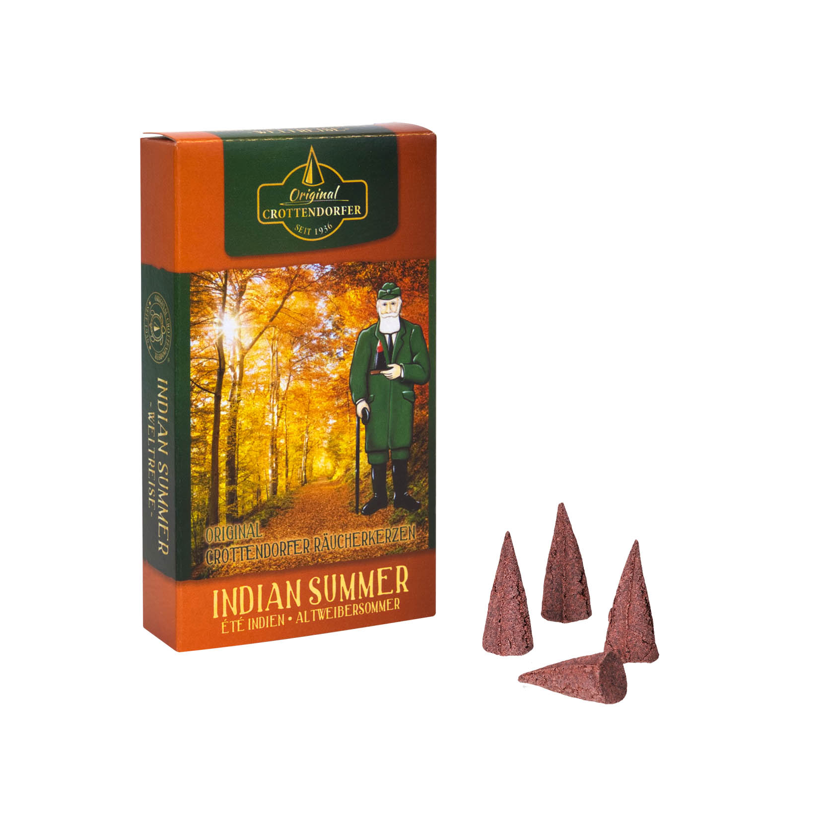 Packung Original Crottendorfer Räucherkerzen mit Aufschrift 'Indian Summer Weltreise' und mehreren braunen Räucherkerzenkegeln. im Dregeno Online Shop günstig kaufen