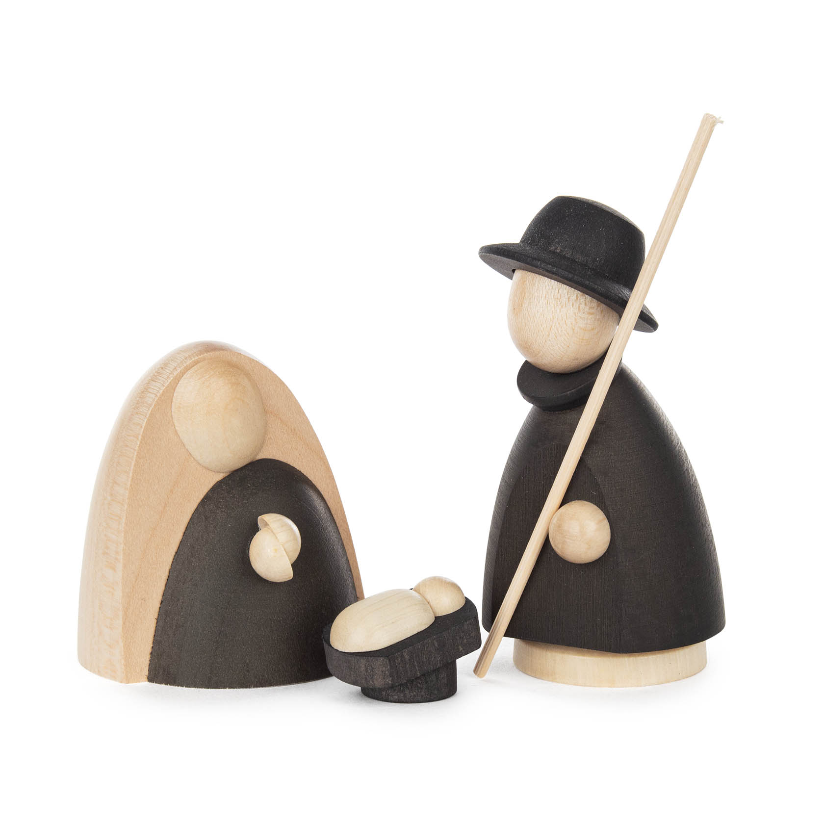 Holzfiguren einer heiligen Familie: Maria und Josef in naturfarbenem und anthrazitfarbenem Holz, mit dem Jesuskind in der Krippe. im Dregeno Online Shop günstig kaufen