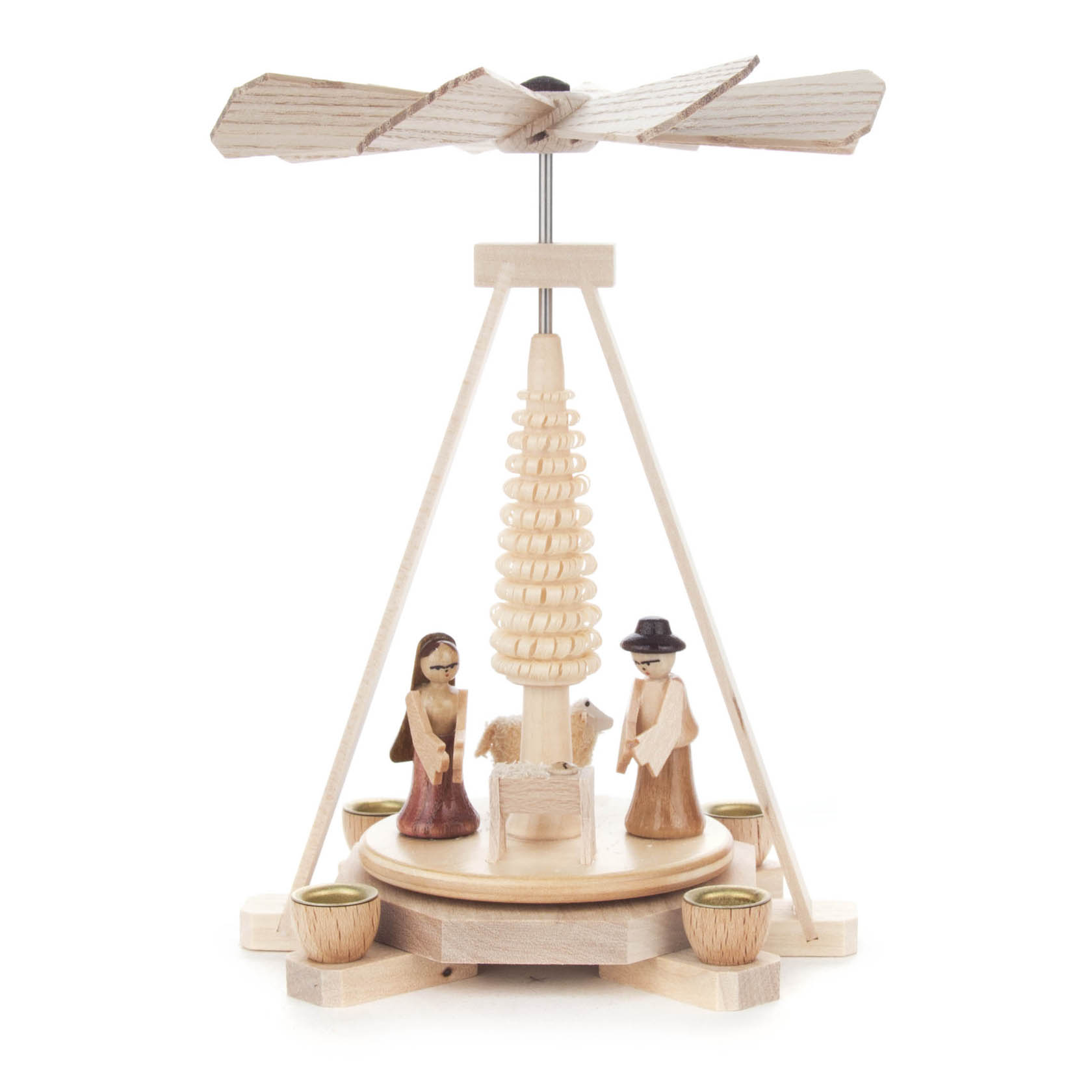 Eine hölzerne Mini-Pyramide zeigt die Geburt Christi, mit zwei Figuren neben einer Krippe. Darüber dreht sich ein Flügelrad. im Dregeno Online Shop günstig kaufen