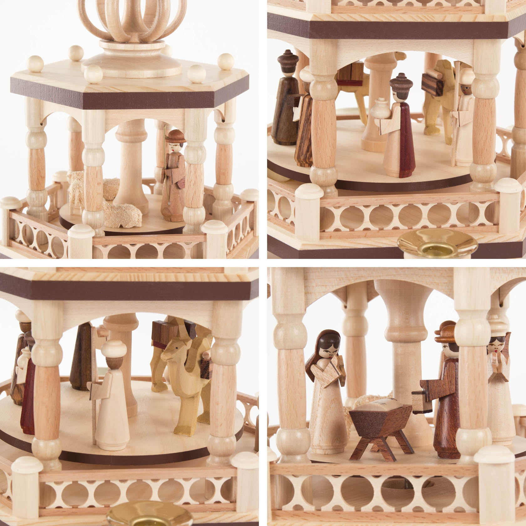 A three-tiered Christmas pyramid depicting the Nativity scene with wooden figures of Mary, Joseph, Baby Jesus in a manger, and the Three Wise Men. Designed for 14mm candles.