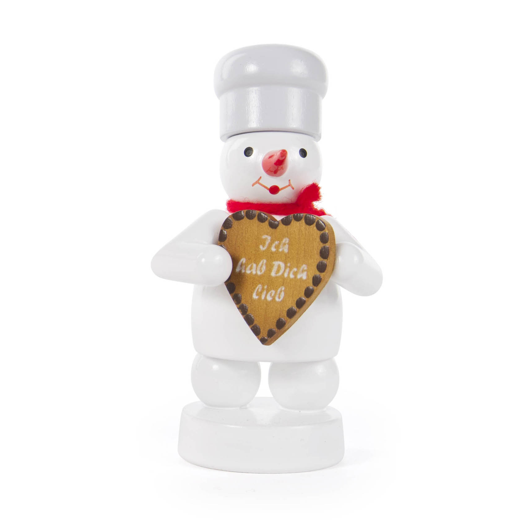 Holzfigur eines Schneemanns mit roter Nase, Hut und rotem Halstuch. Er hält ein Lebkuchenherz mit der Aufschrift 'Ich hab Dich lieb' in seinen Händen. im Dregeno Online Shop günstig kaufen