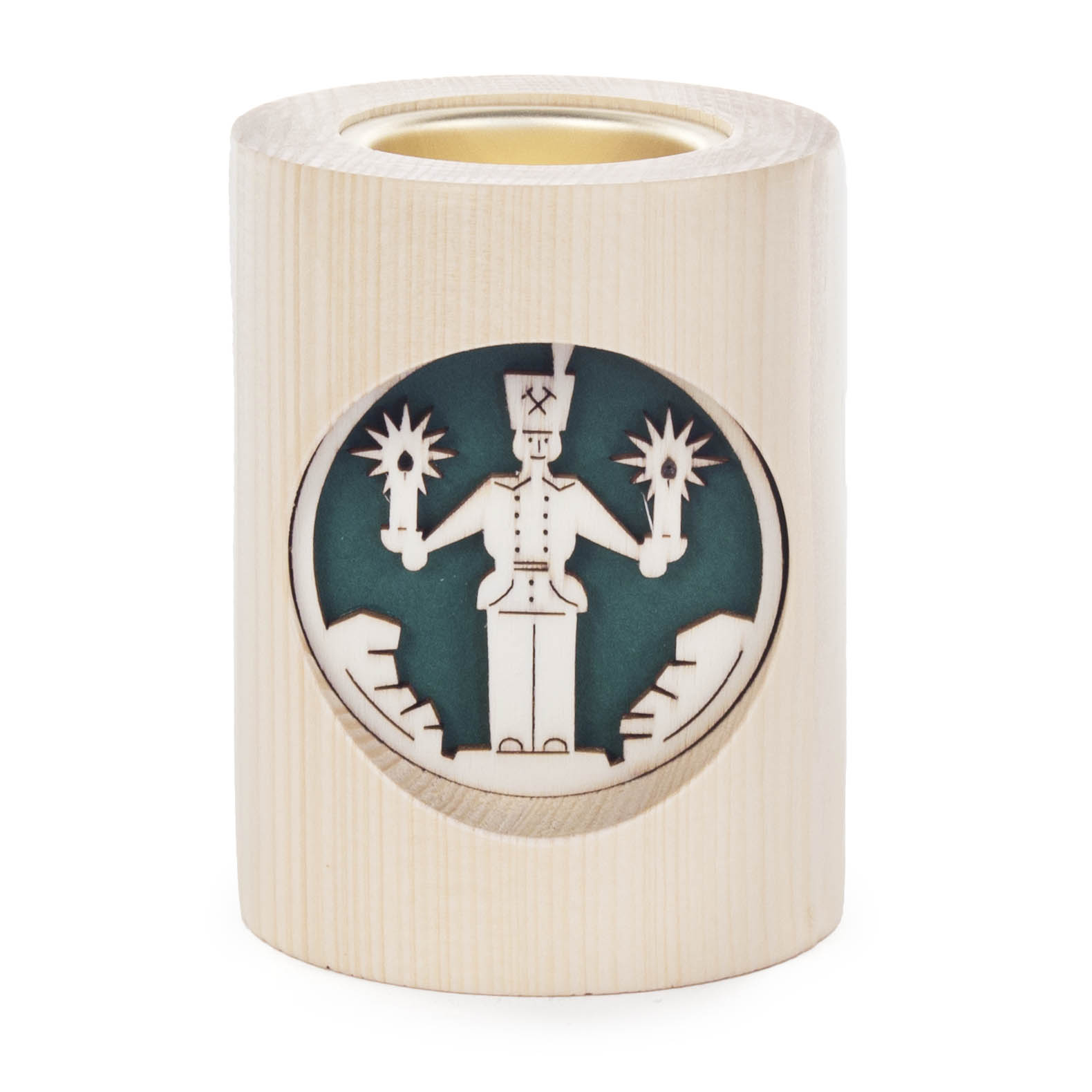 Teelichthalter aus Holz mit Bergmannsfigur, die zwei Lichter hält, vor einem grünen Hintergrund. im Dregeno Online Shop günstig kaufen