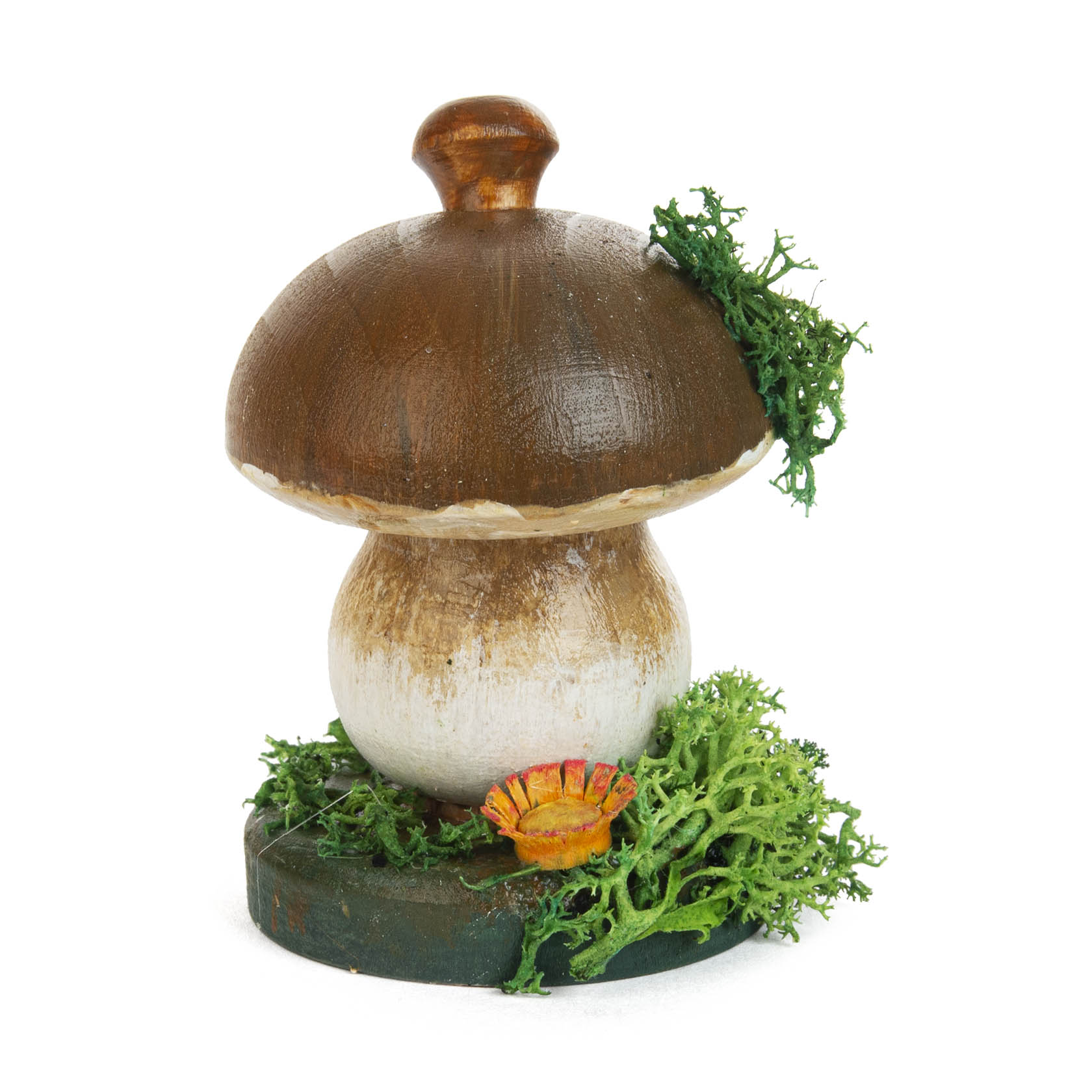 Bastelset für einen Räucherpilz aus Holz, bestehend aus drei Teilen: einem Unterteil, einem abnehmbaren Hut und einem kleinen Stiel. im Dregeno Online Shop günstig kaufen