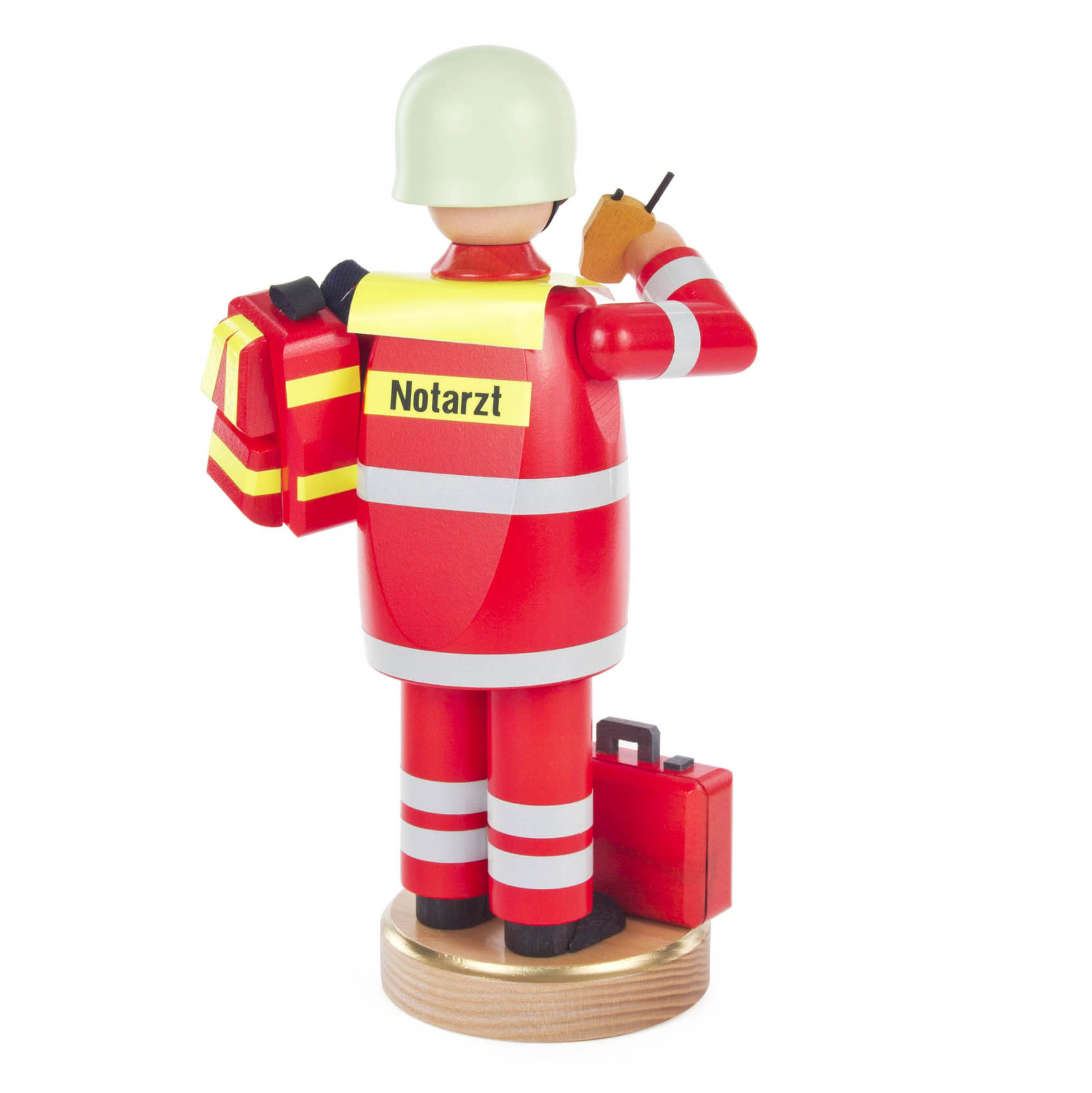 Wooden incense smoker figure of an emergency doctor in a red uniform with a helmet, holding a walkie-talkie and a red medical bag.