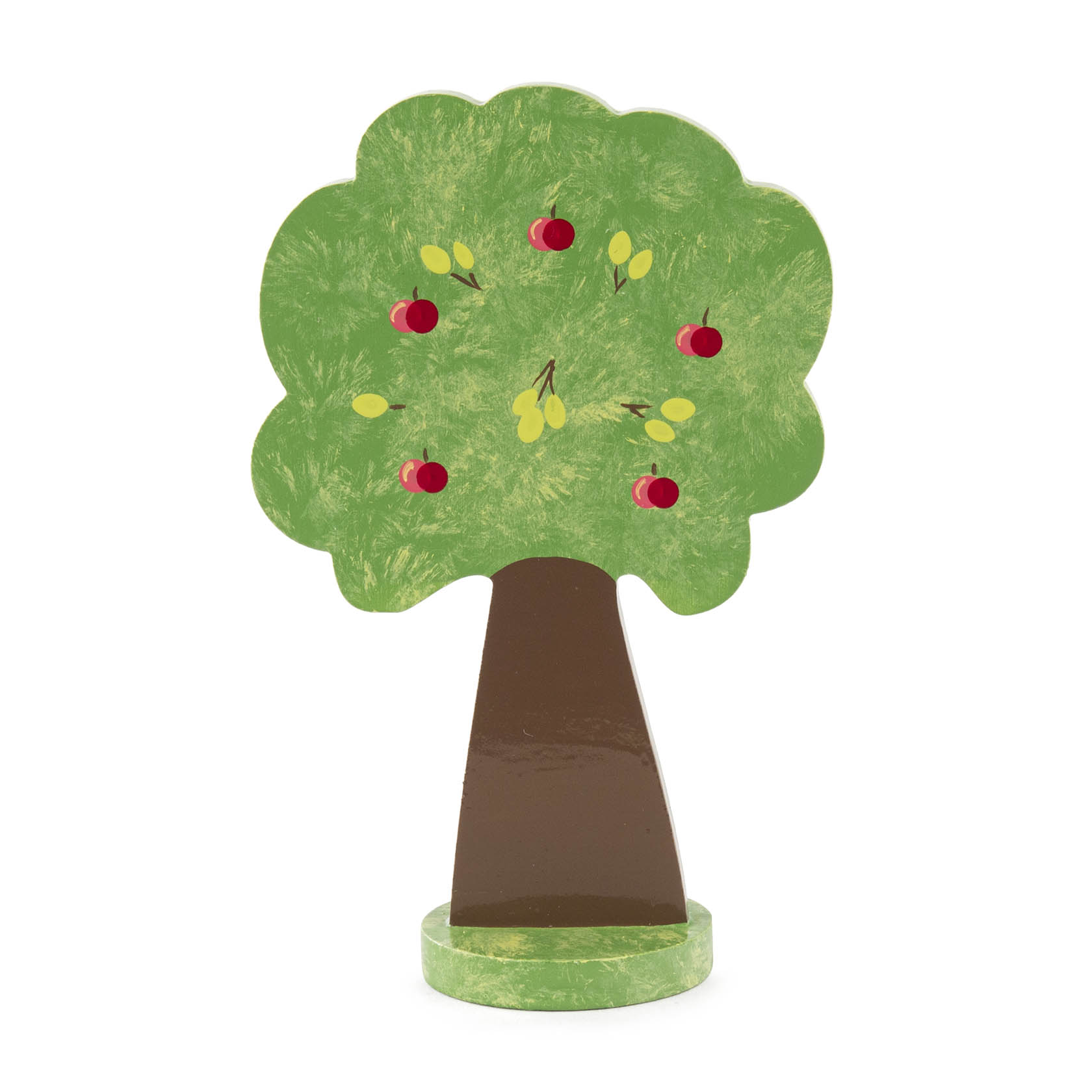 Hölzerner Apfelbaum mit rotem und grünem Laub und aufgemalten roten und grünen Äpfeln, stehend auf einem runden Standfuß. im Dregeno Online Shop günstig kaufen