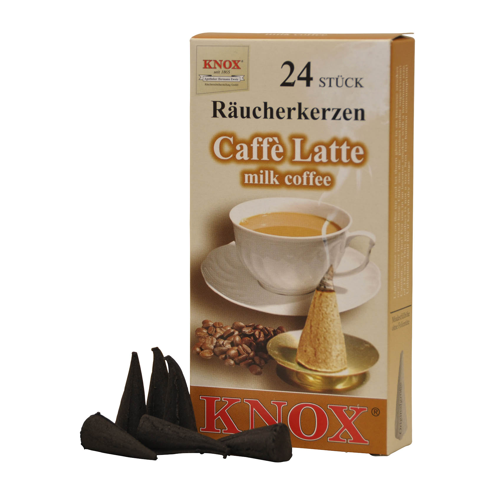 Box of KNOX incense cones labeled 'Café Latte milk coffee', with a cup of coffee and scattered incense cones emitting smoke. im Dregeno Online Shop günstig kaufen